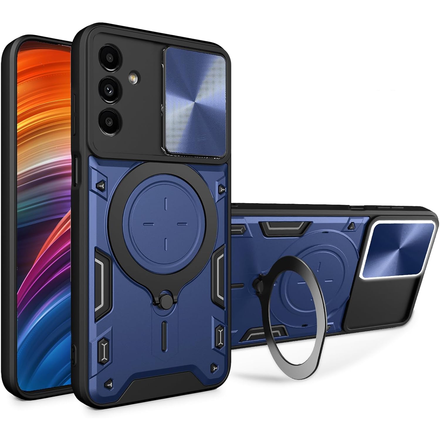 Armor Case for Samsung Galaxy A14 4G 6.6", Lens Sliding Phone Cover with Magnetic Coil Bracket for Samsung