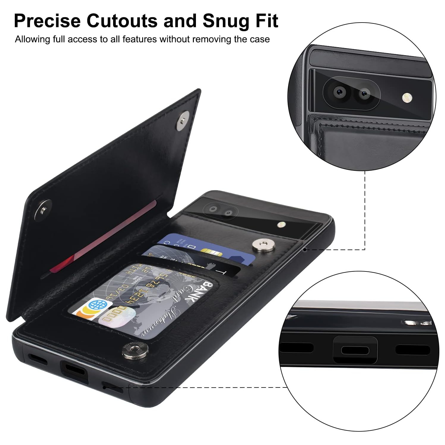 Étui-portefeuille en cuir pour Pixel 6 A de Google avec porte-carte, béquille rabat avec fentes pour cartes double fermoir magnétique