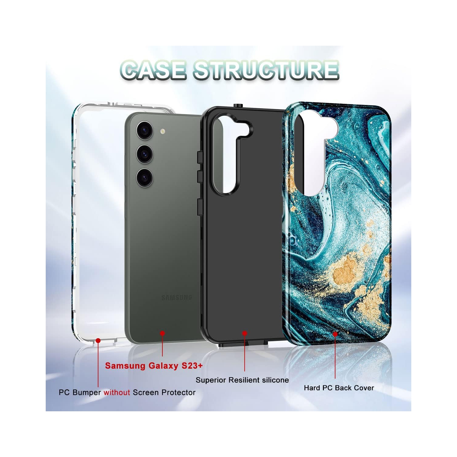 for Samsung Galaxy S23 Plus Case Marble Heavy Duty Shockproof Full Body Hard PC+Soft Silicone with [2Pcs