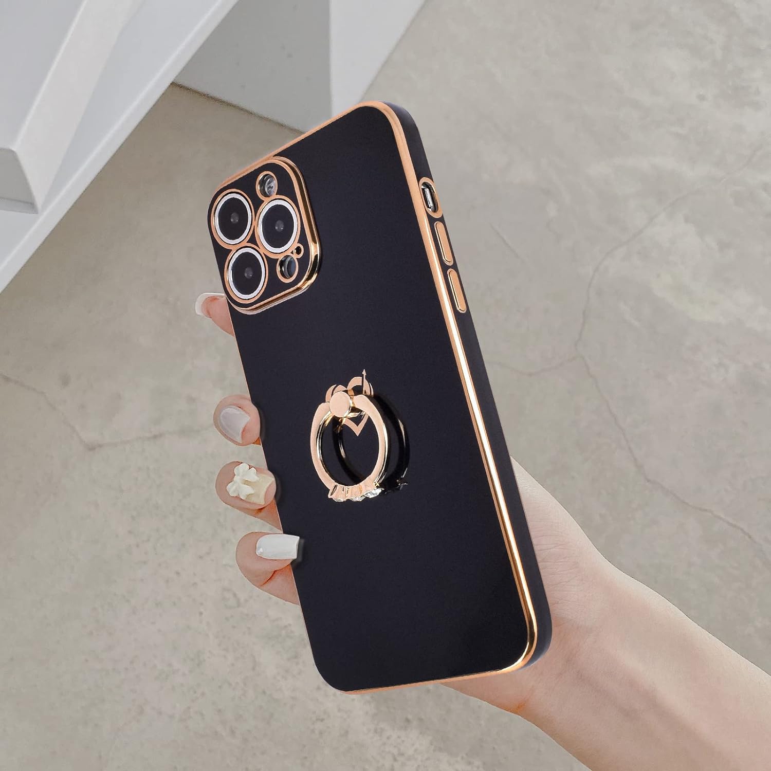 Compatible for iPhone 13 Pro Case,Cute Plating Soft TPU Case with Diamond Ring Kickstand Thin Fun