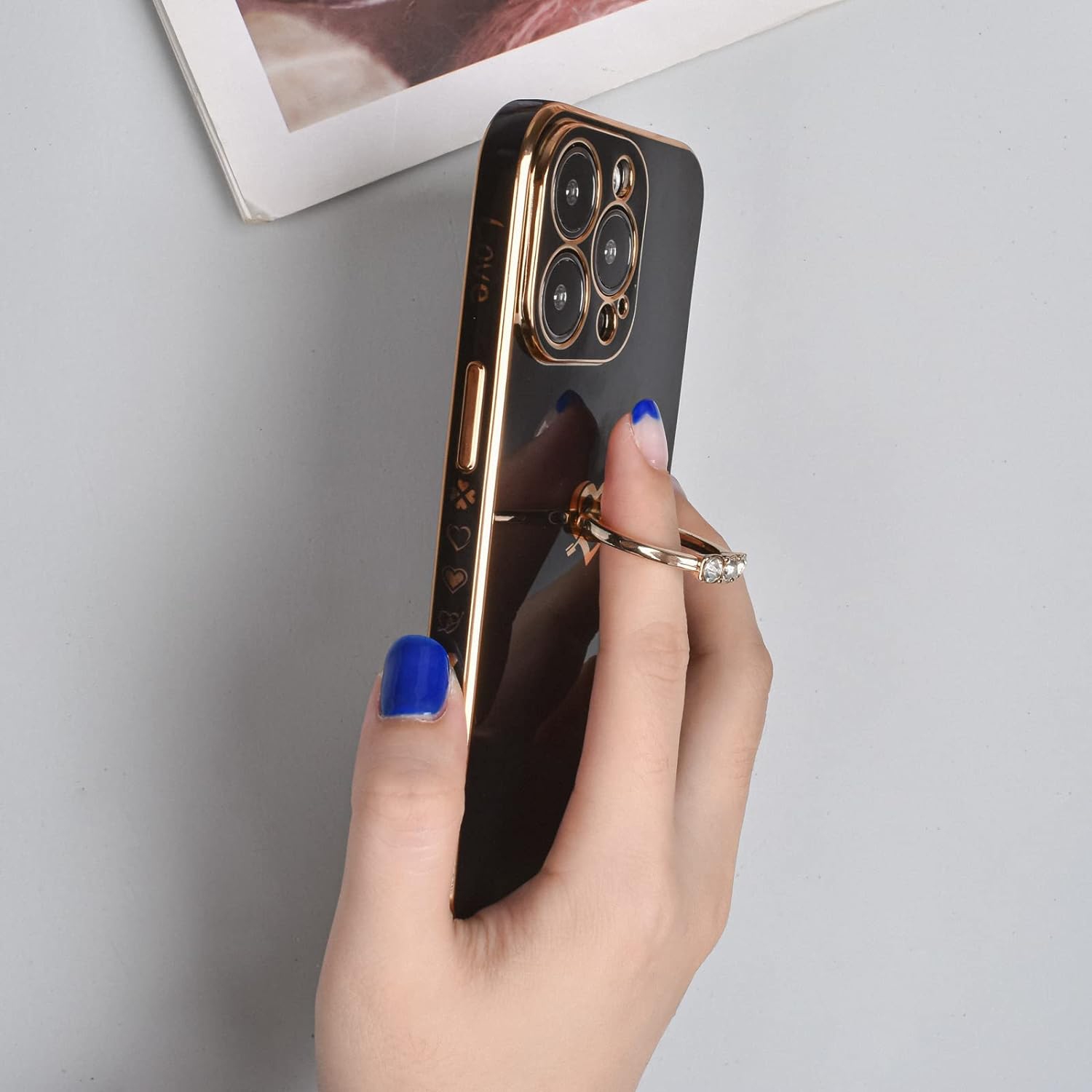 Compatible for iPhone 13 Pro Case,Cute Plating Soft TPU Case with Diamond Ring Kickstand Thin Fun