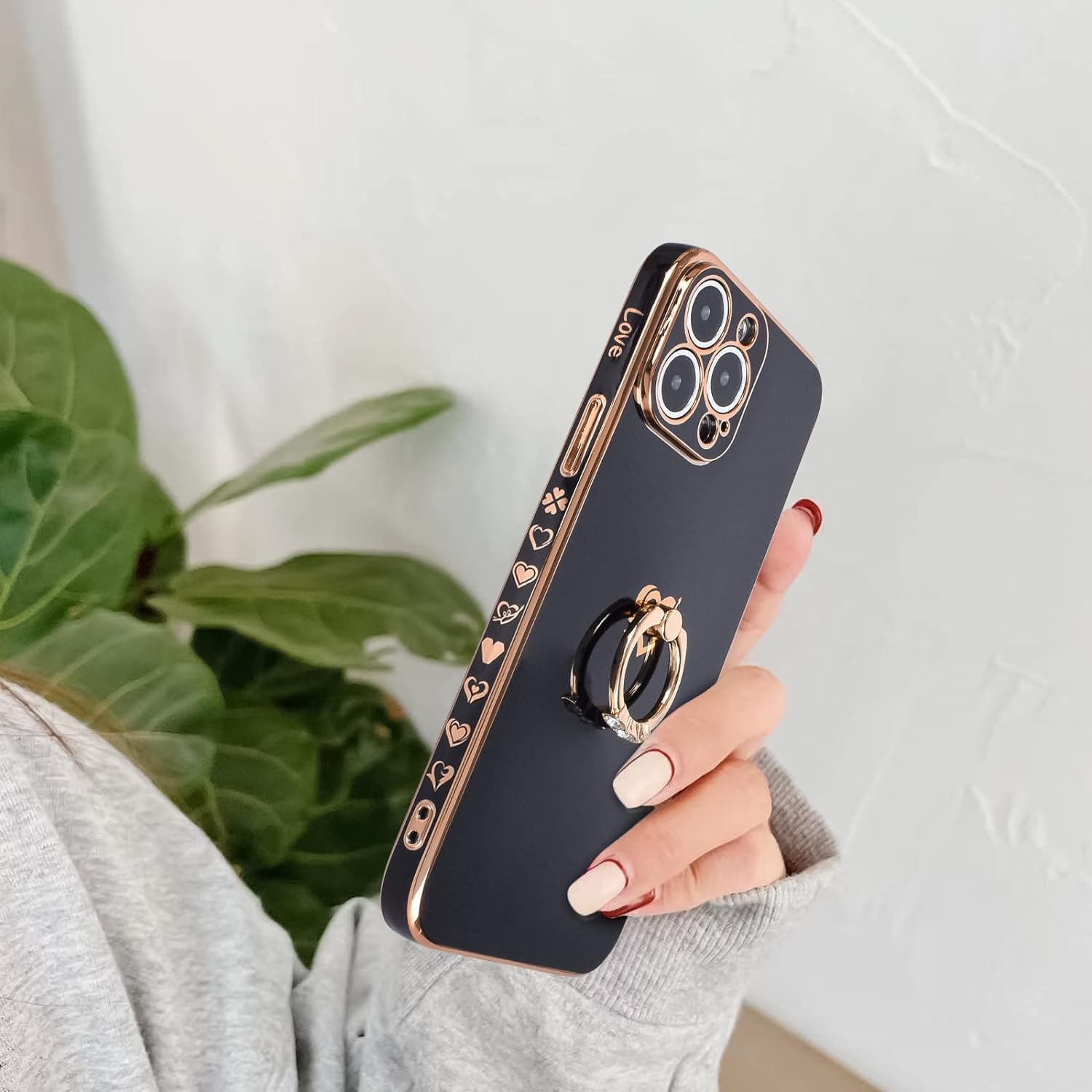 Compatible for iPhone 13 Pro Case,Cute Plating Soft TPU Case with Diamond Ring Kickstand Thin Fun