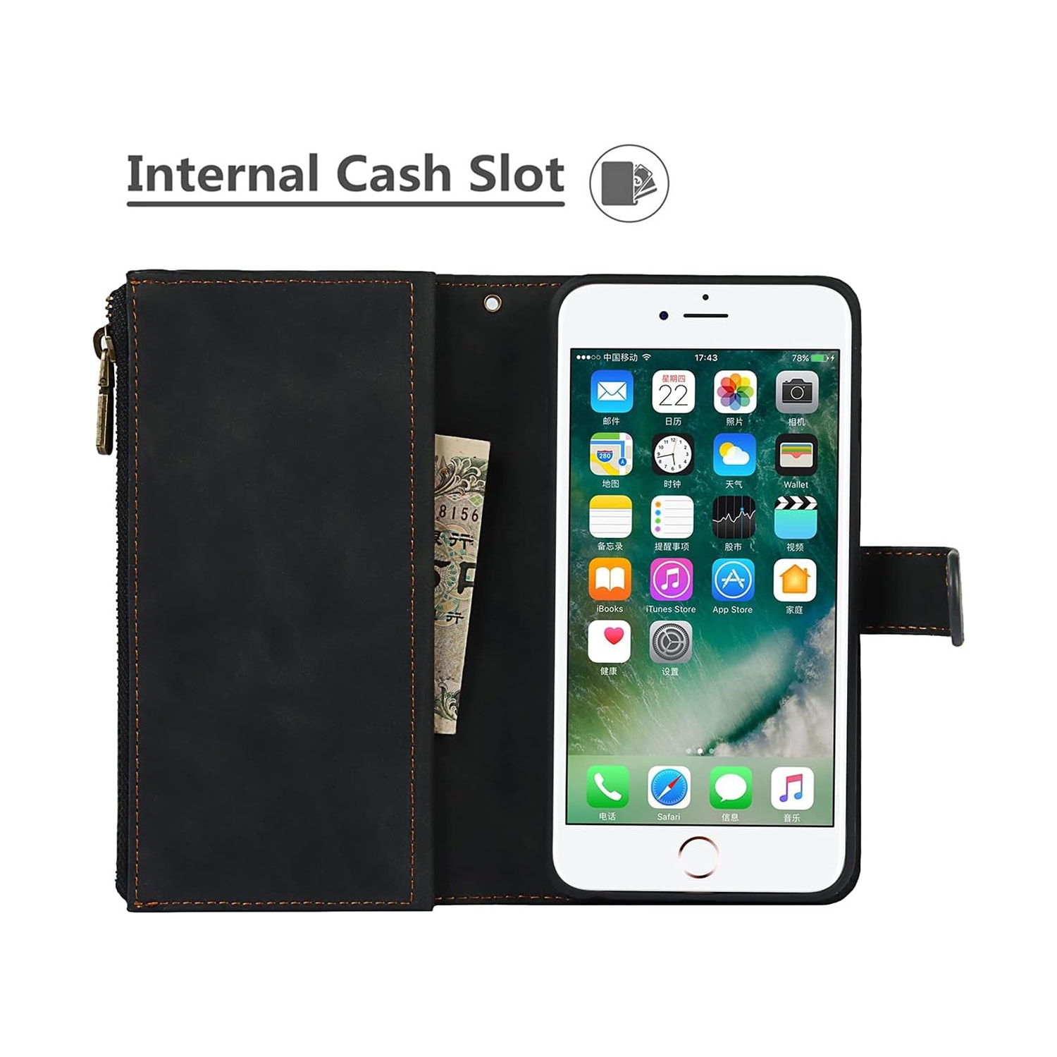 iPhone – Étui portefeuille 8 plus/7 plus/6 plus/6s plus avec porte-carte, étui en cuir pu 2-en-1 avec fermoir magnétique