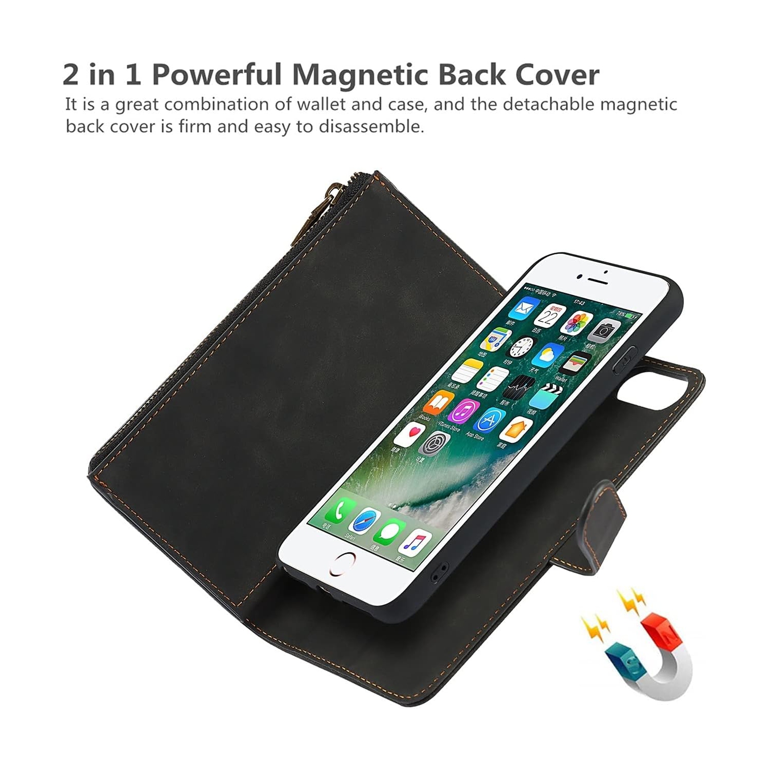 iPhone – Étui portefeuille 8 plus/7 plus/6 plus/6s plus avec porte-carte, étui en cuir pu 2-en-1 avec fermoir magnétique