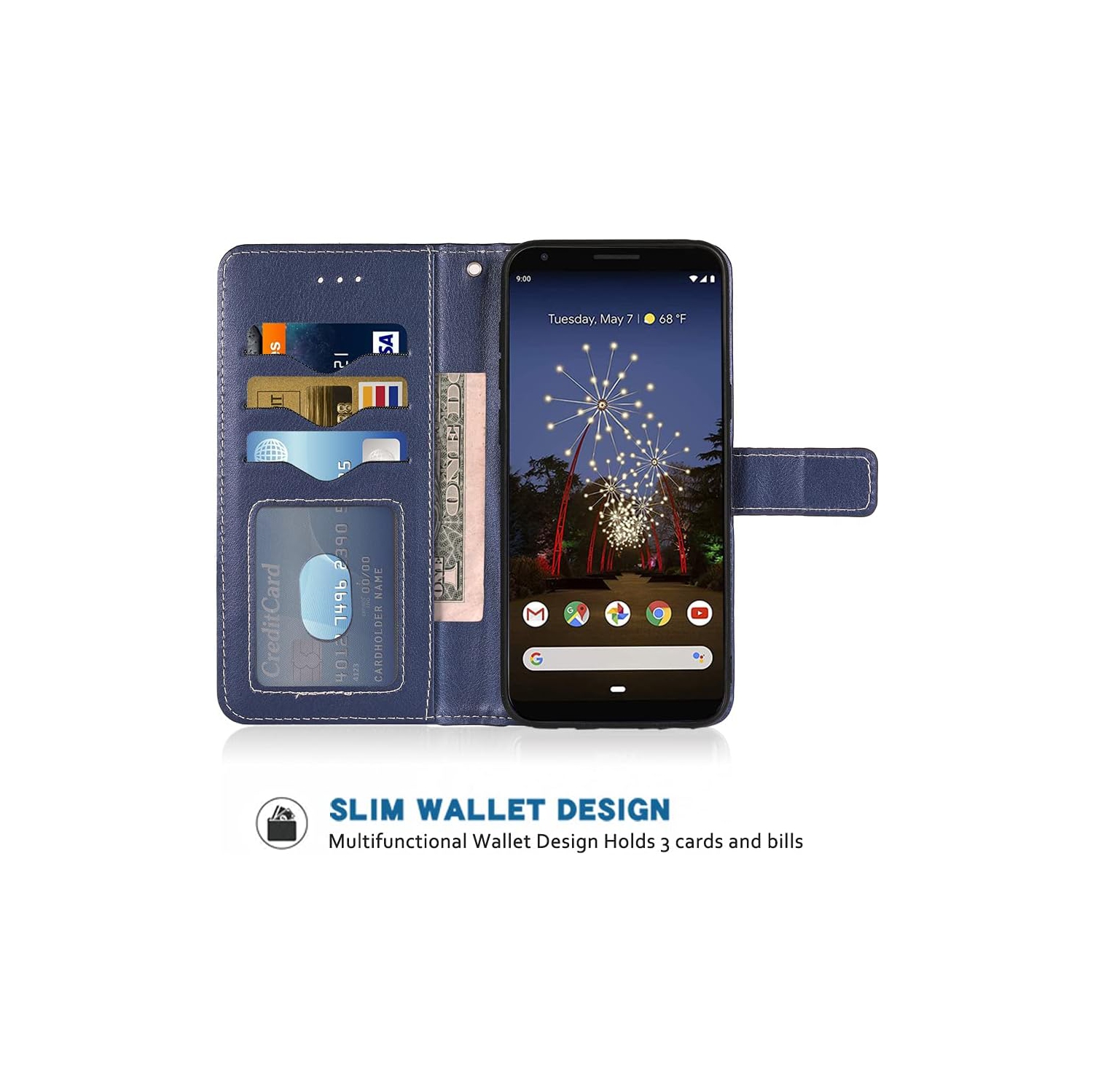 Compatible avec l'étui-portefeuille pour Pixel 3a XL de Google avec dragonne et porte-carte à rabat en cuir