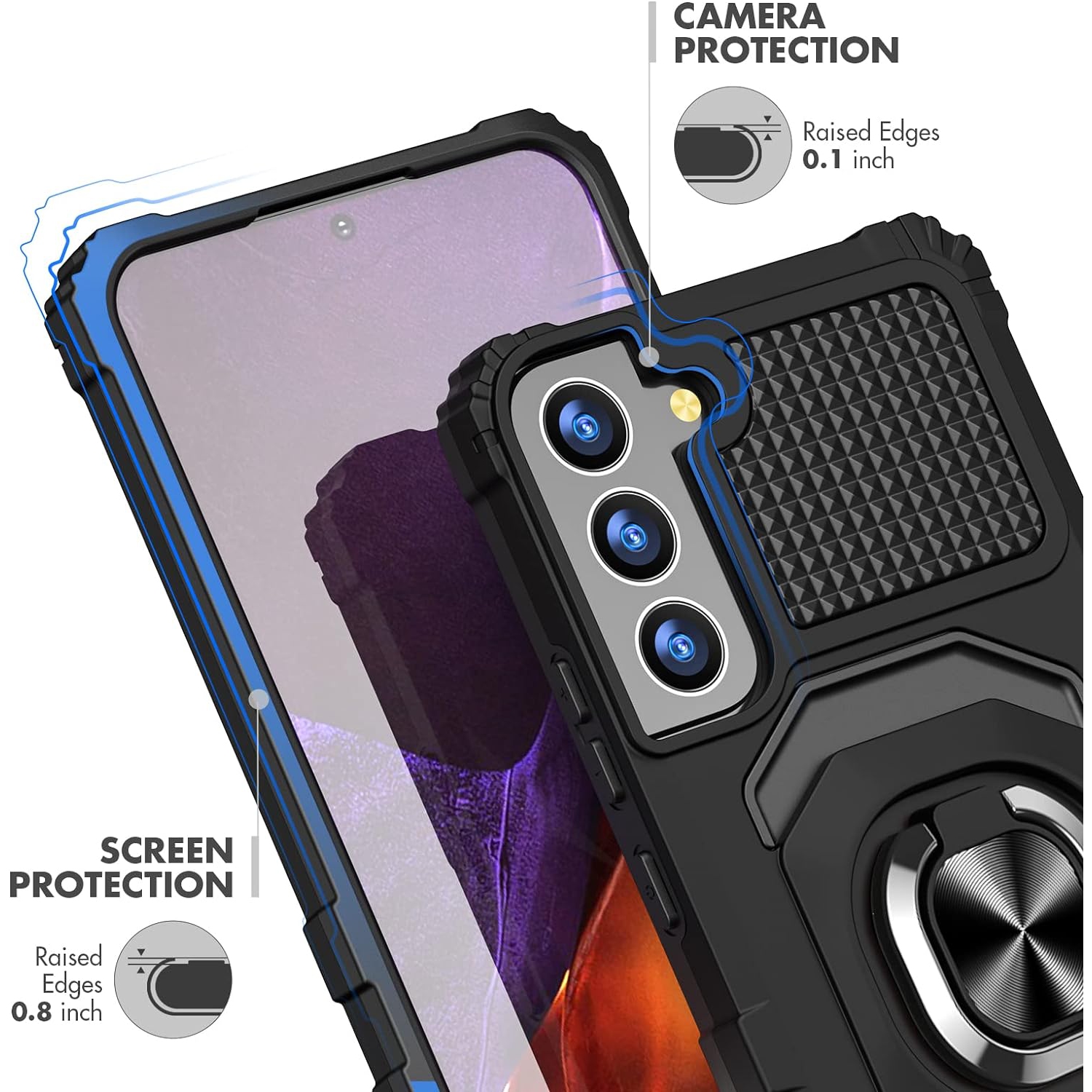 Conçu pour l'étui pour Galaxy S22 de Samsung, étui robuste magnétique antichoc militaire avec béquille pour anneau