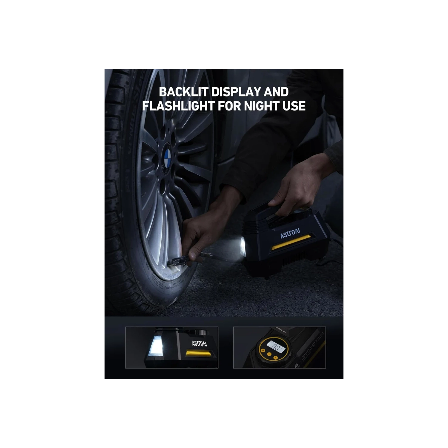 Portable Tire Inflator, 12V DC Air Compressor with Digital Gauge & Emergency LED Light - Ideal for Car Tires, Bicycles, Balloons - Yellow