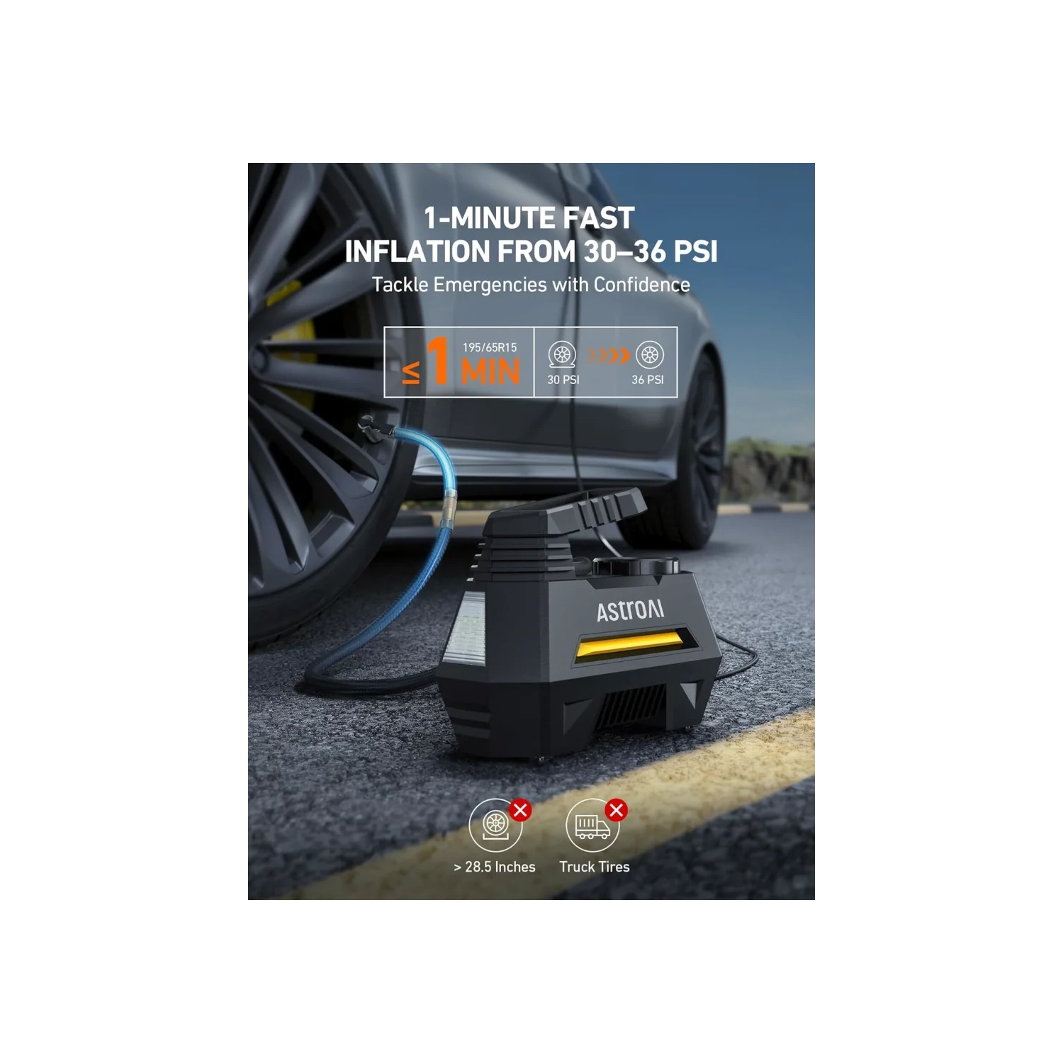 Portable Tire Inflator, 12V DC Air Compressor with Digital Gauge & Emergency LED Light - Ideal for Car Tires, Bicycles, Balloons - Yellow