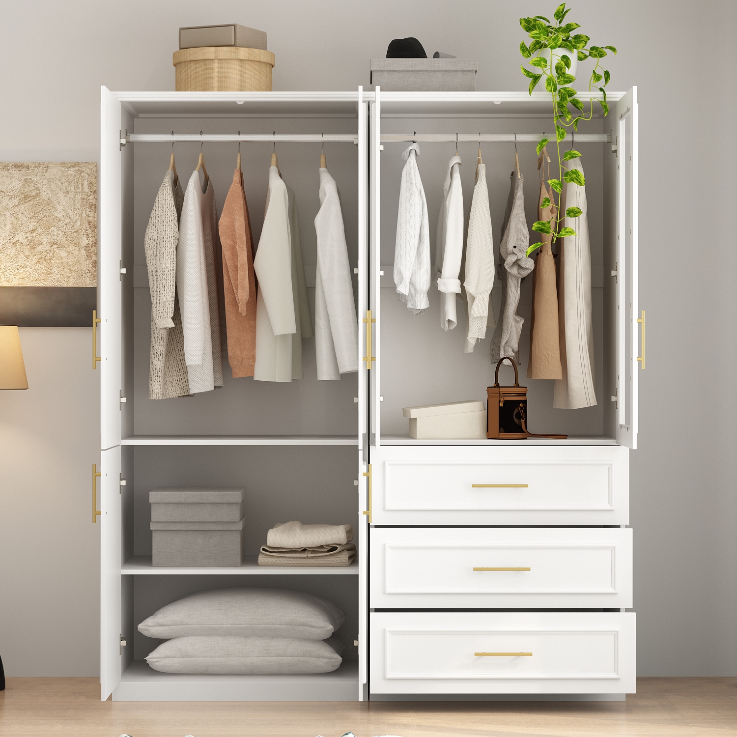 Garde-robe moderne Famapy avec tablettes, tringles et tiroirs pour un rangement efficace dans les espaces compacts blanc