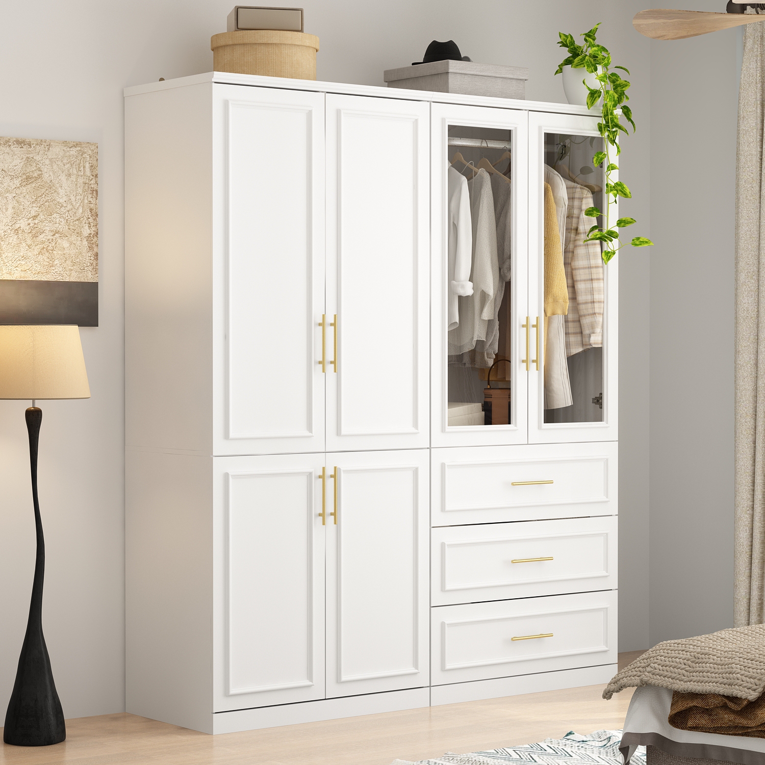 Garde-robe moderne Famapy avec tablettes, tringles et tiroirs pour un rangement efficace dans les espaces compacts blanc