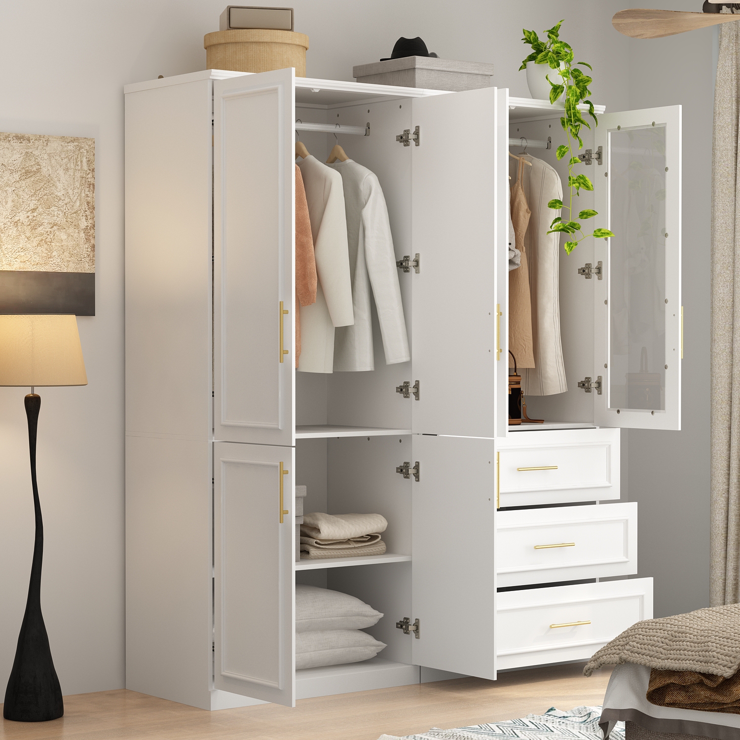 Garde-robe moderne Famapy avec tablettes, tringles et tiroirs pour un rangement efficace dans les espaces compacts blanc