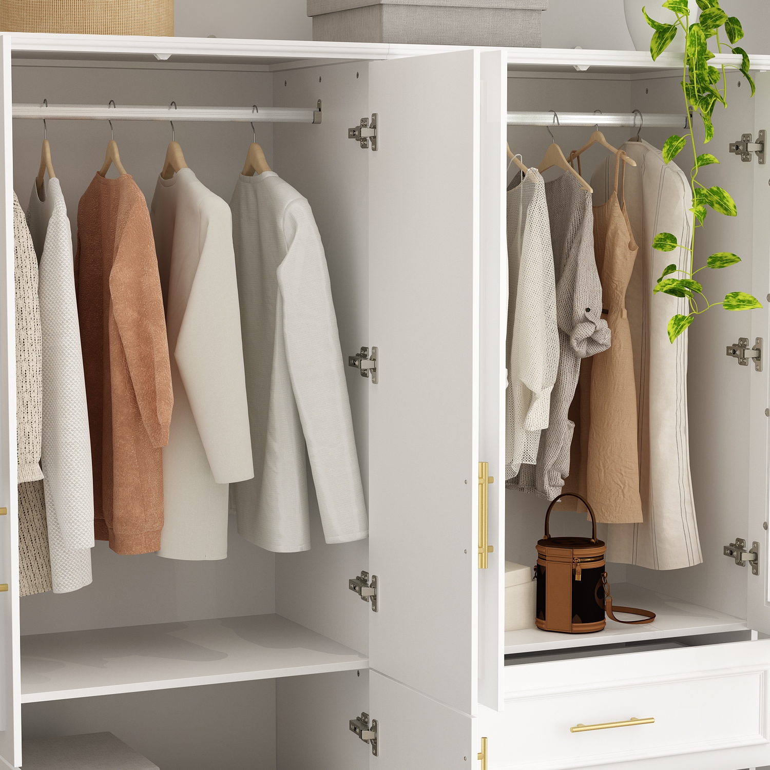Garde-robe moderne Famapy avec tablettes, tringles et tiroirs pour un rangement efficace dans les espaces compacts blanc