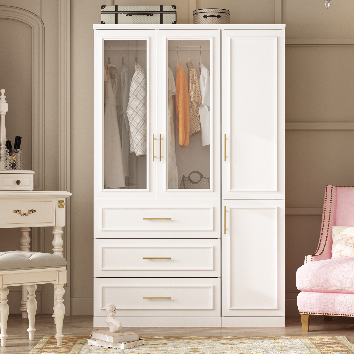 Garde-robe multifonction Famapy avec tablettes réglables, deux tringles et tiroirs spacieux pour un rangement efficace blanc