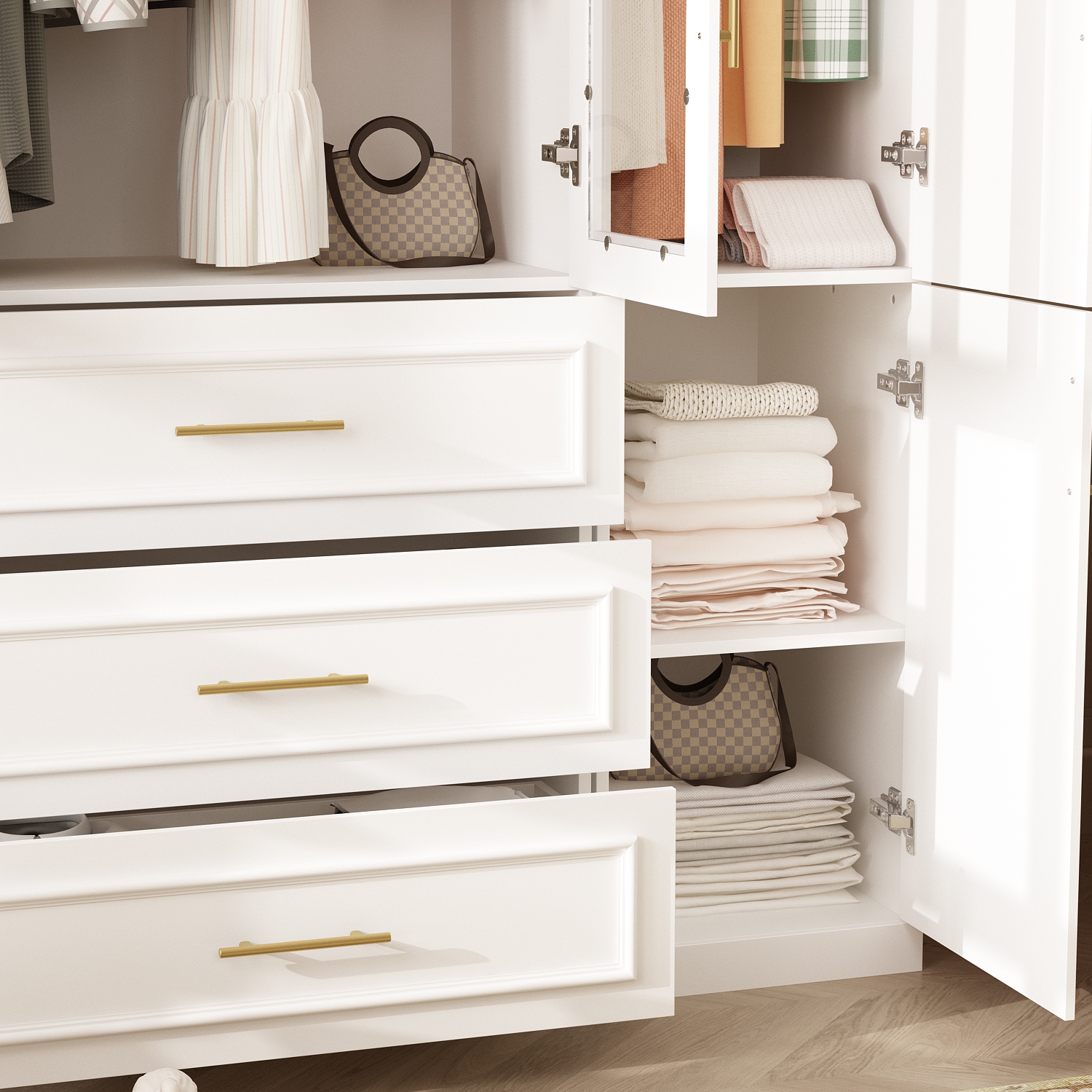 Garde-robe multifonction Famapy avec tablettes réglables, deux tringles et tiroirs spacieux pour un rangement efficace blanc