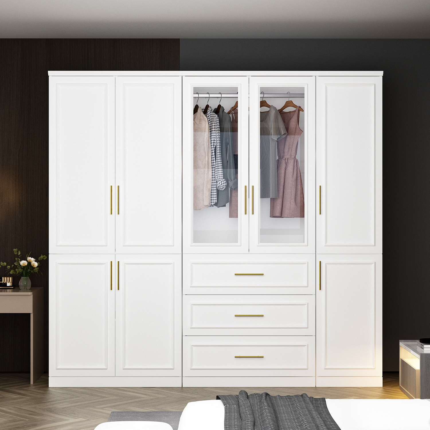 Grande garde-robe Famapy avec tablettes réglables, deux tiges de suspension et plusieurs tiroirs pour un rangement complet blanc