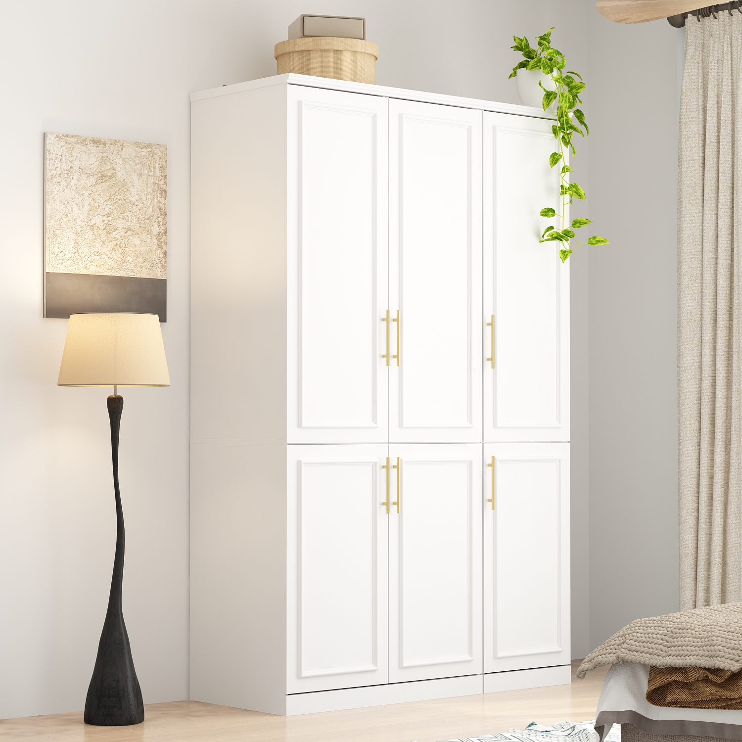 Garde-robe polyvalent Famapy avec tablettes réglables, deux tiges de suspension et rangement multifonctionnel blanc