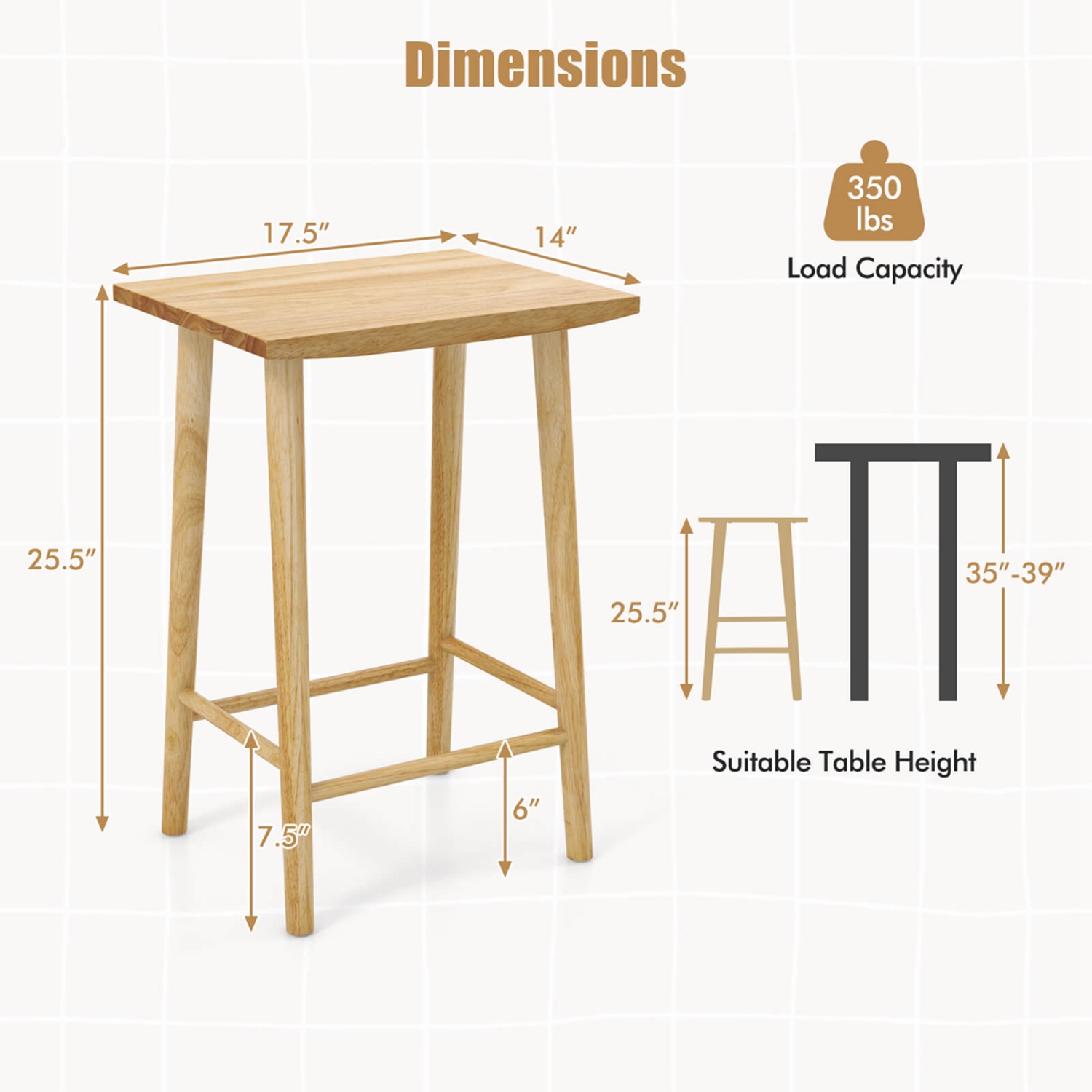 Costway 25.5" Counter Height Stool Set of 2 with Footrest & Solid Wood Frame Natural