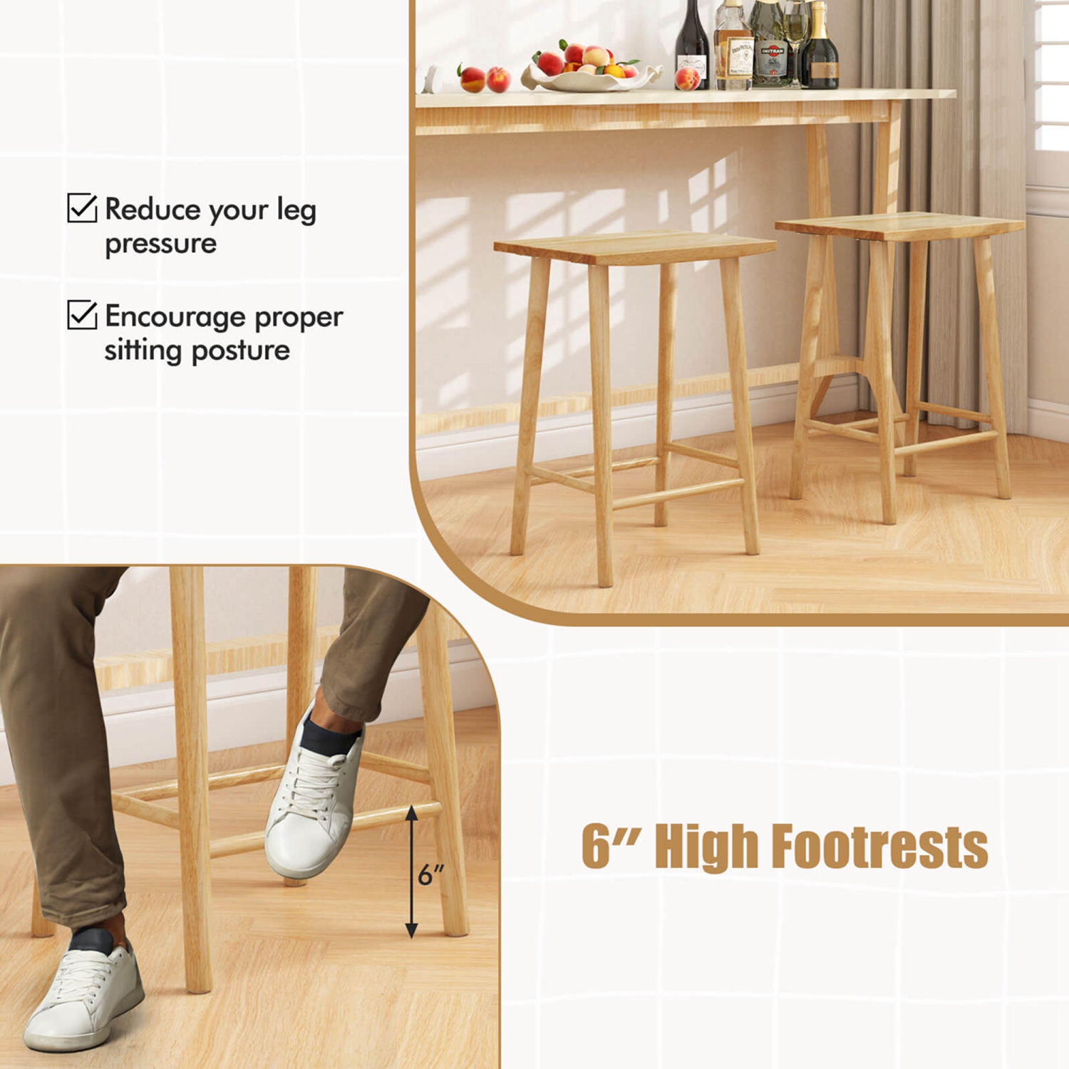 Costway 25.5" Counter Height Stool Set of 2 with Footrest & Solid Wood Frame Natural