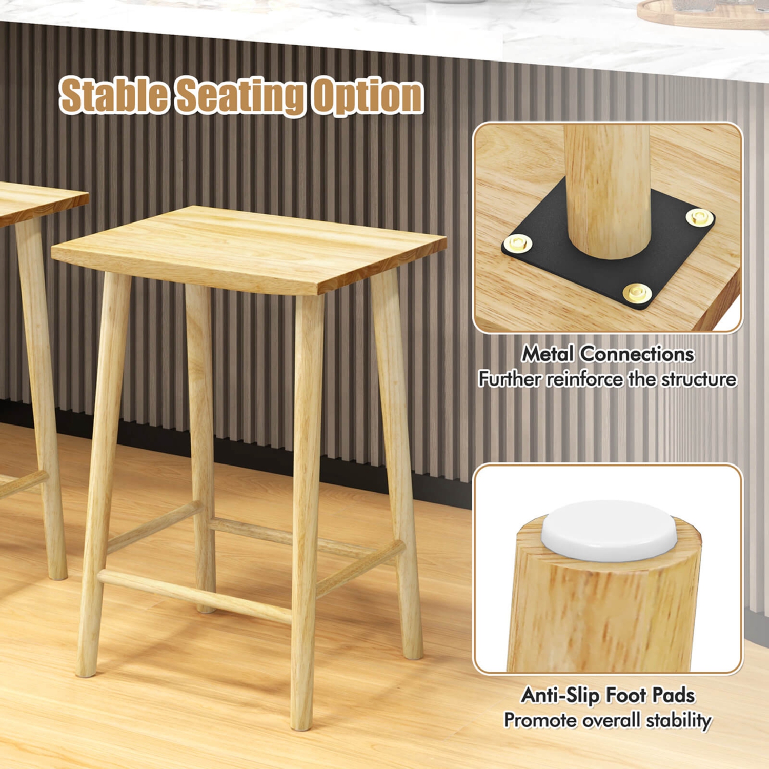 Costway 25.5" Counter Height Stool Set of 2 with Footrest & Solid Wood Frame Natural