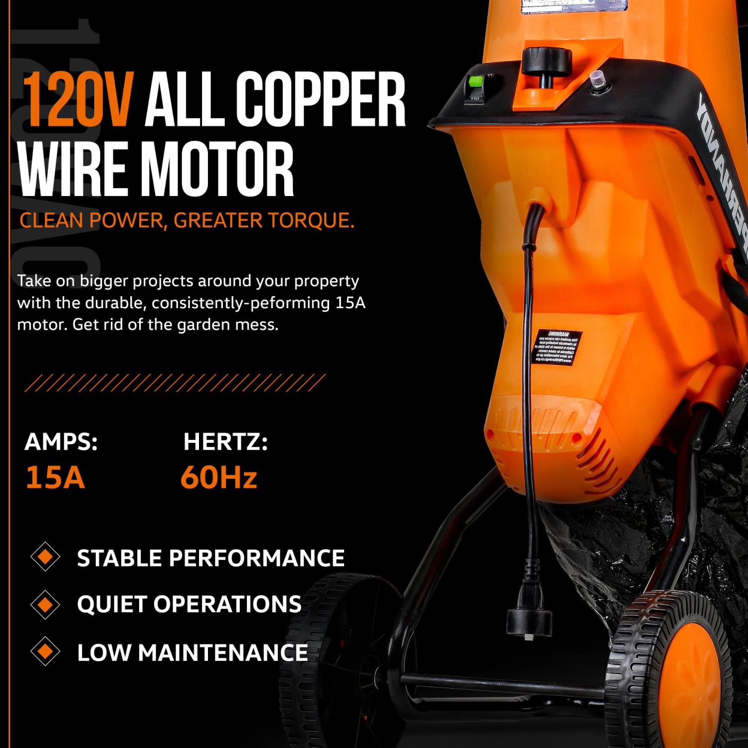 SuperHandy Wood Chipper Shredder Electric 1.5" Max Wood Capacity 17:1 Reduction 15A 1800W 120VAC Dual Edge Blades for Fire Prevention & Firebreaks