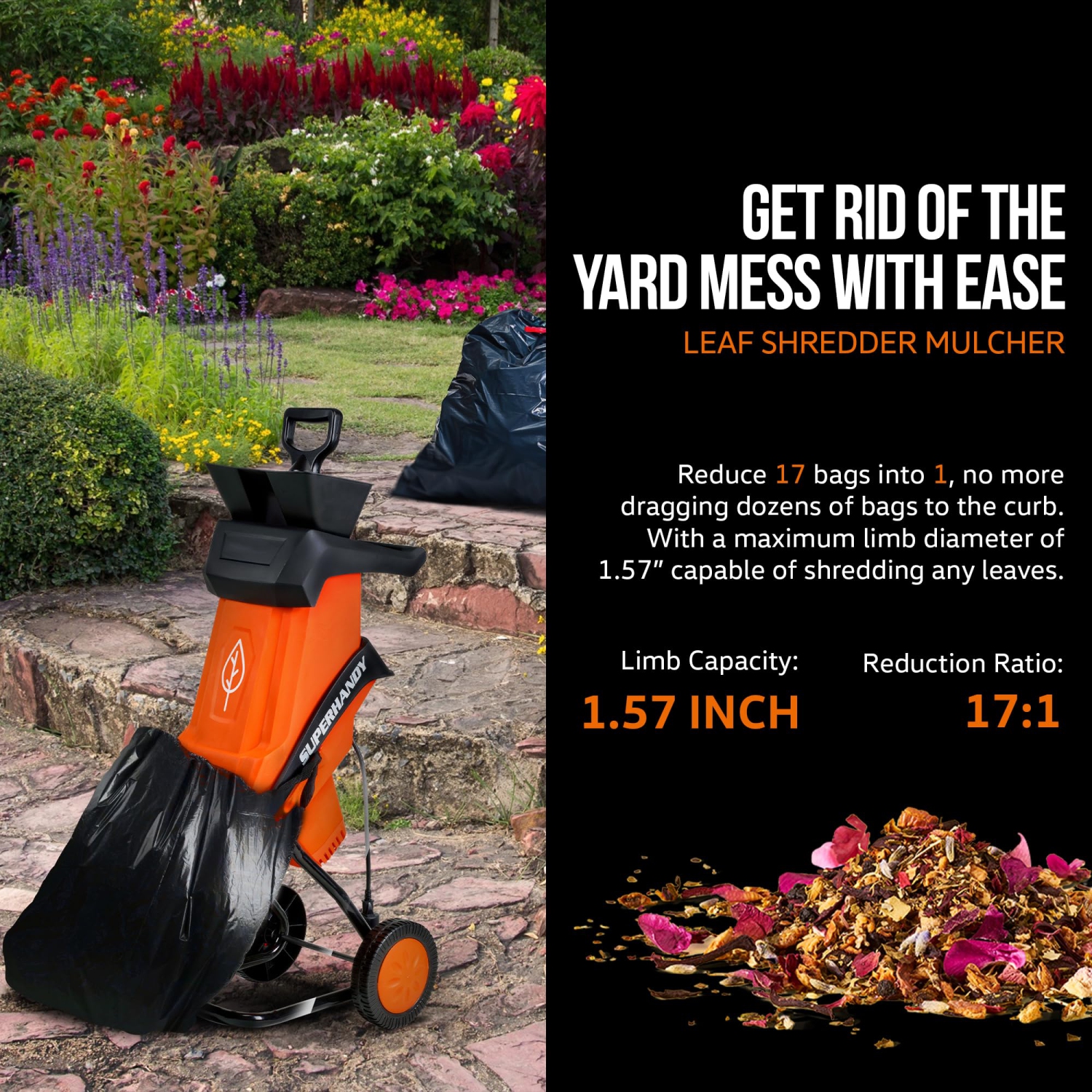 SuperHandy Wood Chipper Shredder Electric 1.5" Max Wood Capacity 17:1 Reduction 15A 1800W 120VAC Dual Edge Blades for Fire Prevention & Firebreaks