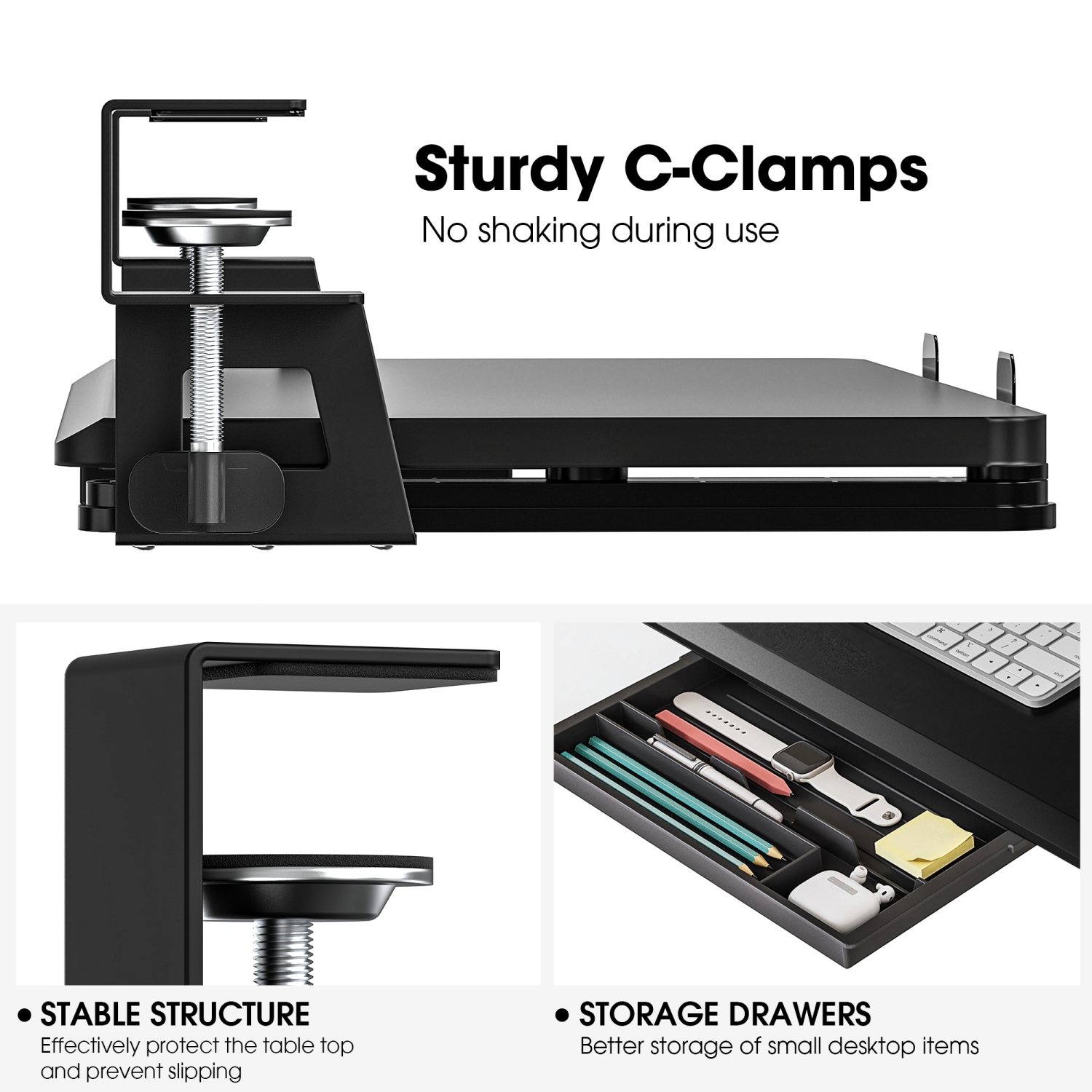 ENGE Under Desk Keyboard Tray Pull Out Keyboard Drawer Sturdy C Clamp Mount, 65 x 30cm Ergonomic Design with Pencil Case and Phone Holder, Black