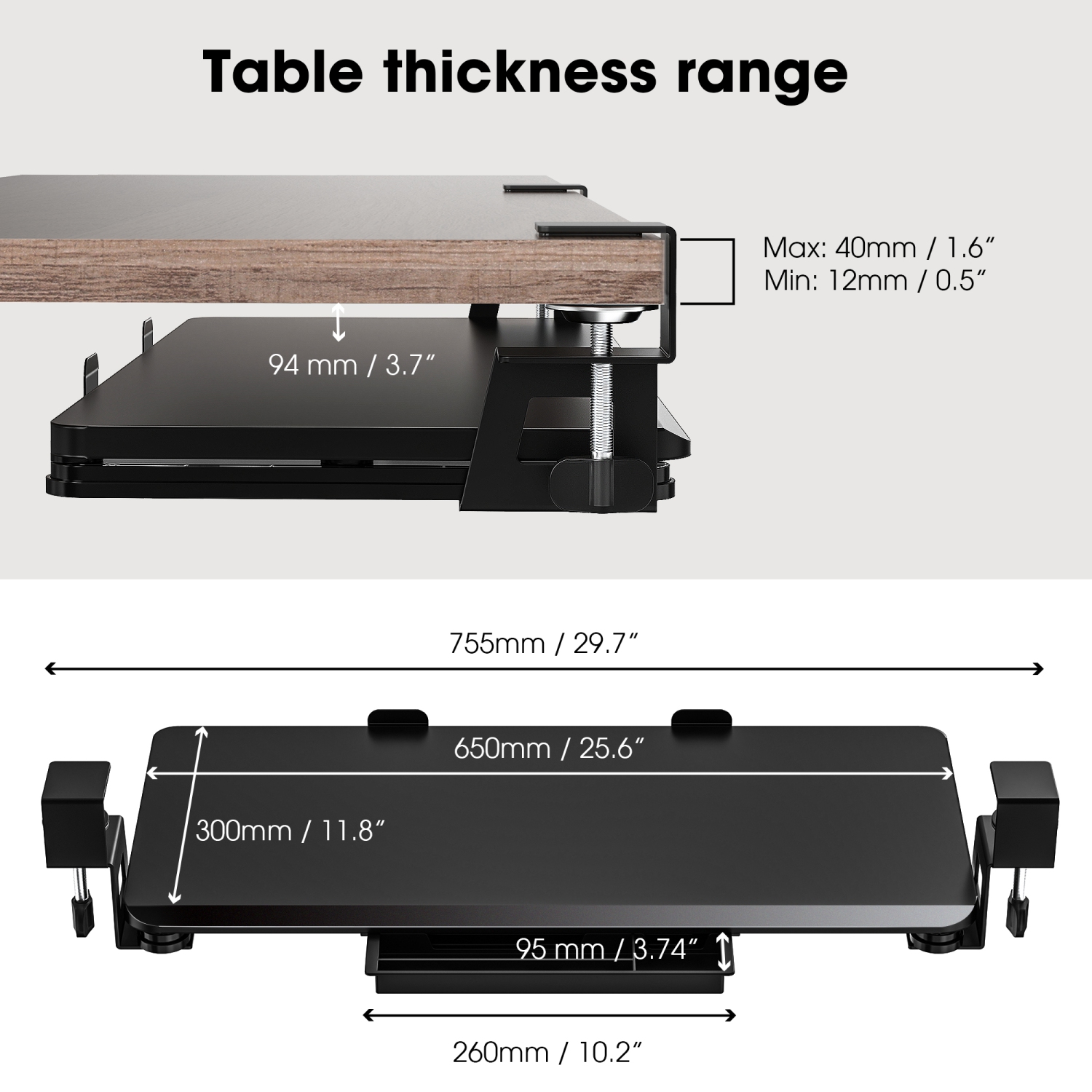 ENGE Under Desk Keyboard Tray Pull Out Keyboard Drawer Sturdy C Clamp Mount, 65 x 30cm Ergonomic Design with Pencil Case and Phone Holder, Black