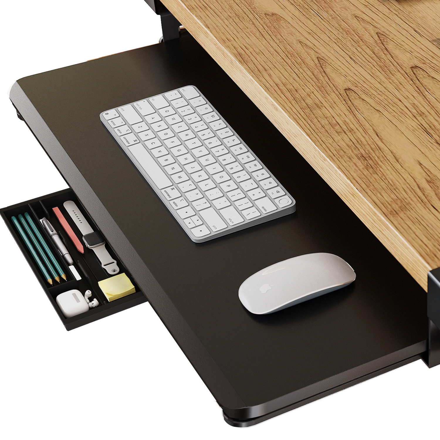 ENGE Under Desk Keyboard Tray Pull Out Keyboard Drawer Sturdy C Clamp Mount, 65 x 30cm Ergonomic Design with Pencil Case and Phone Holder, Black