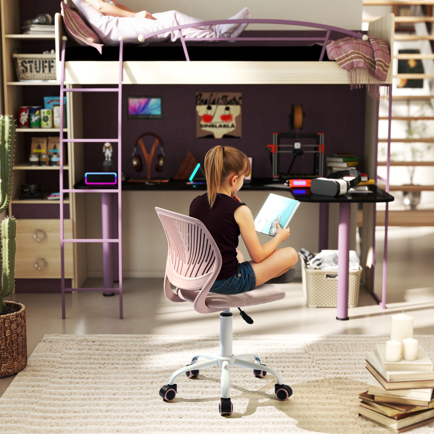 Homy Casa Modern Vanity Chair with Swivel Base, Soft Seat and Leaf Backrest, Blush