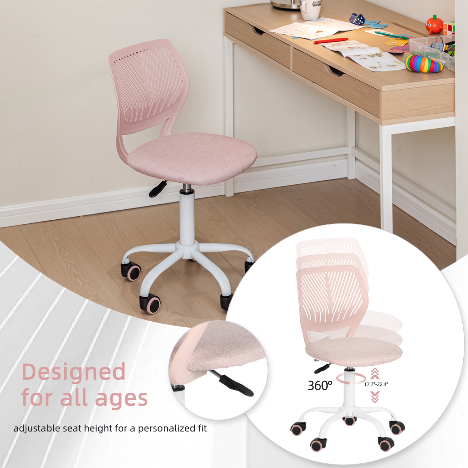 Homy Casa Modern Vanity Chair with Swivel Base, Soft Seat and Leaf Backrest, Blush