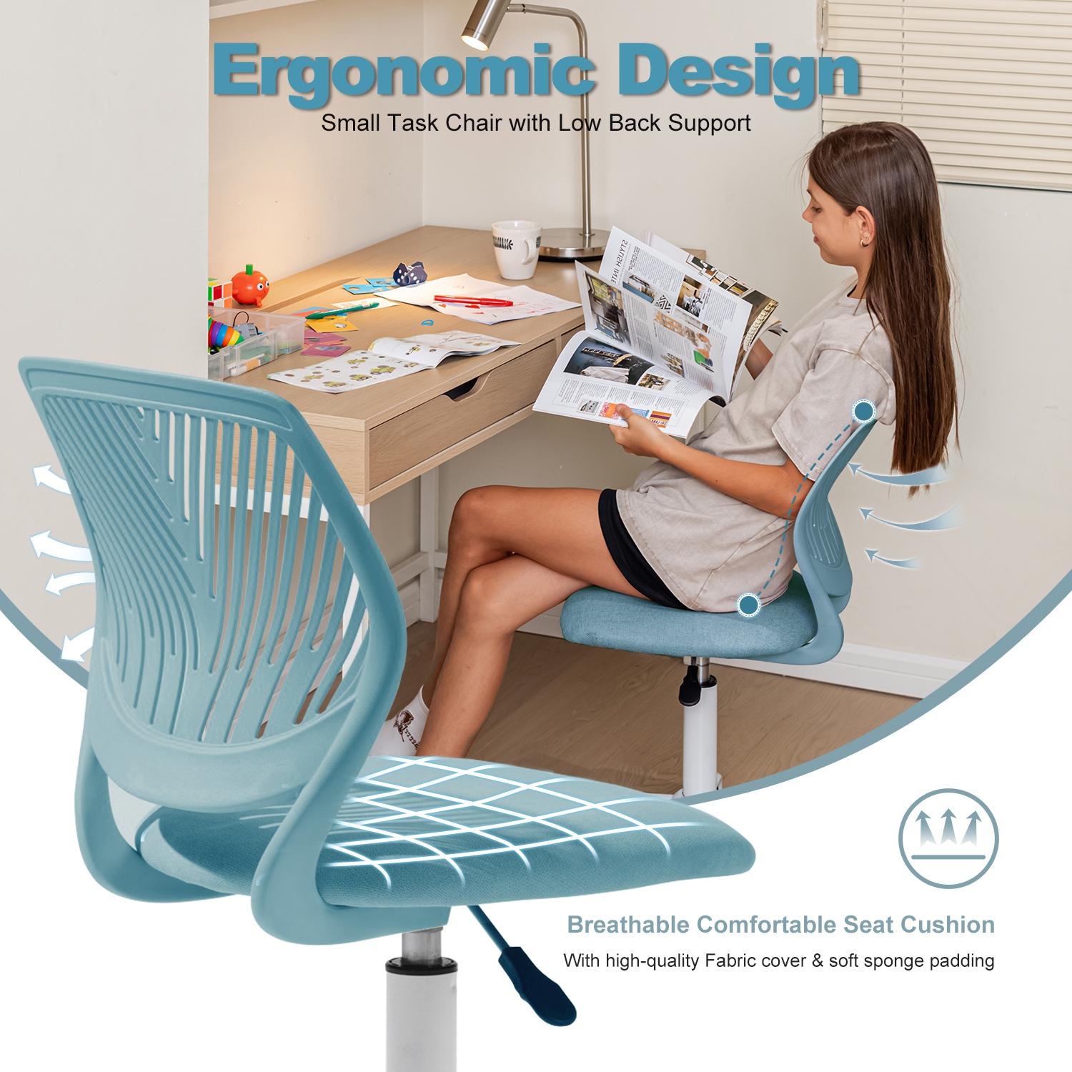 Homy Casa Ergonomic Kids Desk Chair with Rolling Wheels and Adjustable Seat, Blue