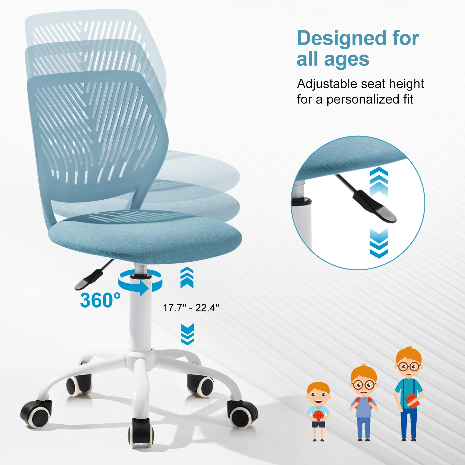 Homy Casa Ergonomic Kids Desk Chair with Rolling Wheels and Adjustable Seat, Blue