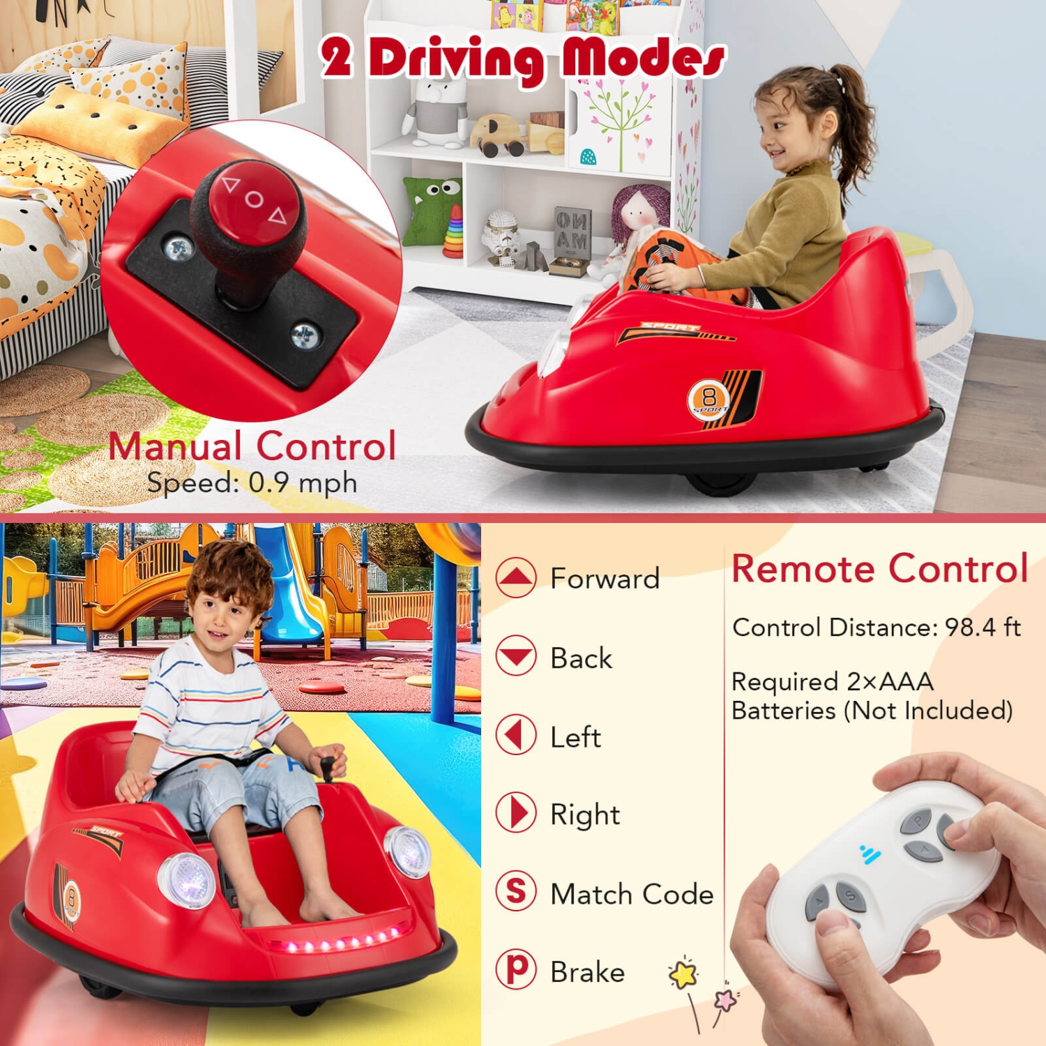 Voiture de pare-chocs Ride On de Costway pour enfants avec télécommande à DEL pivotant sur 360 degrés