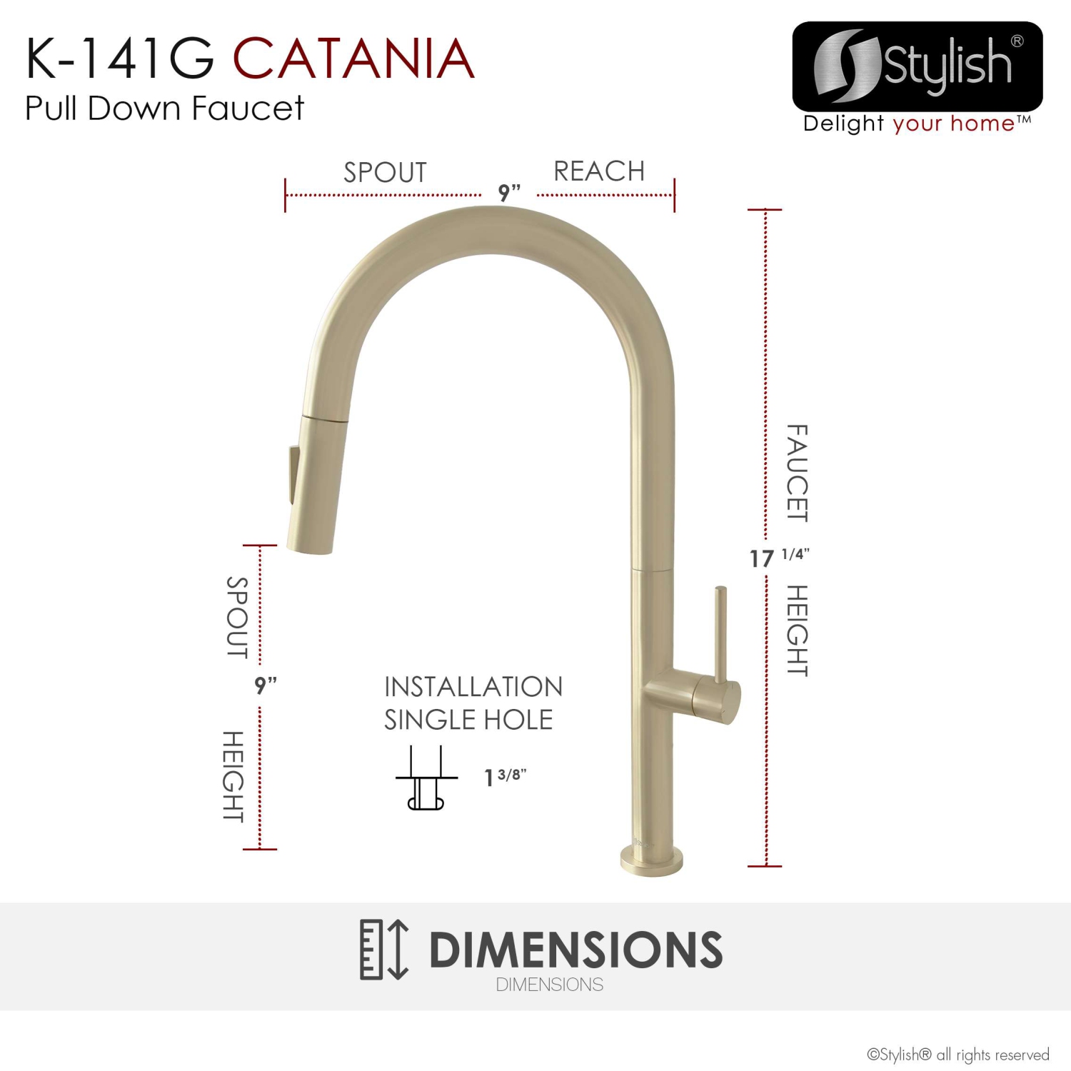 Stylish Catania Single-Handle Brushed Gold Pull Down Kitchen Faucet K-141G