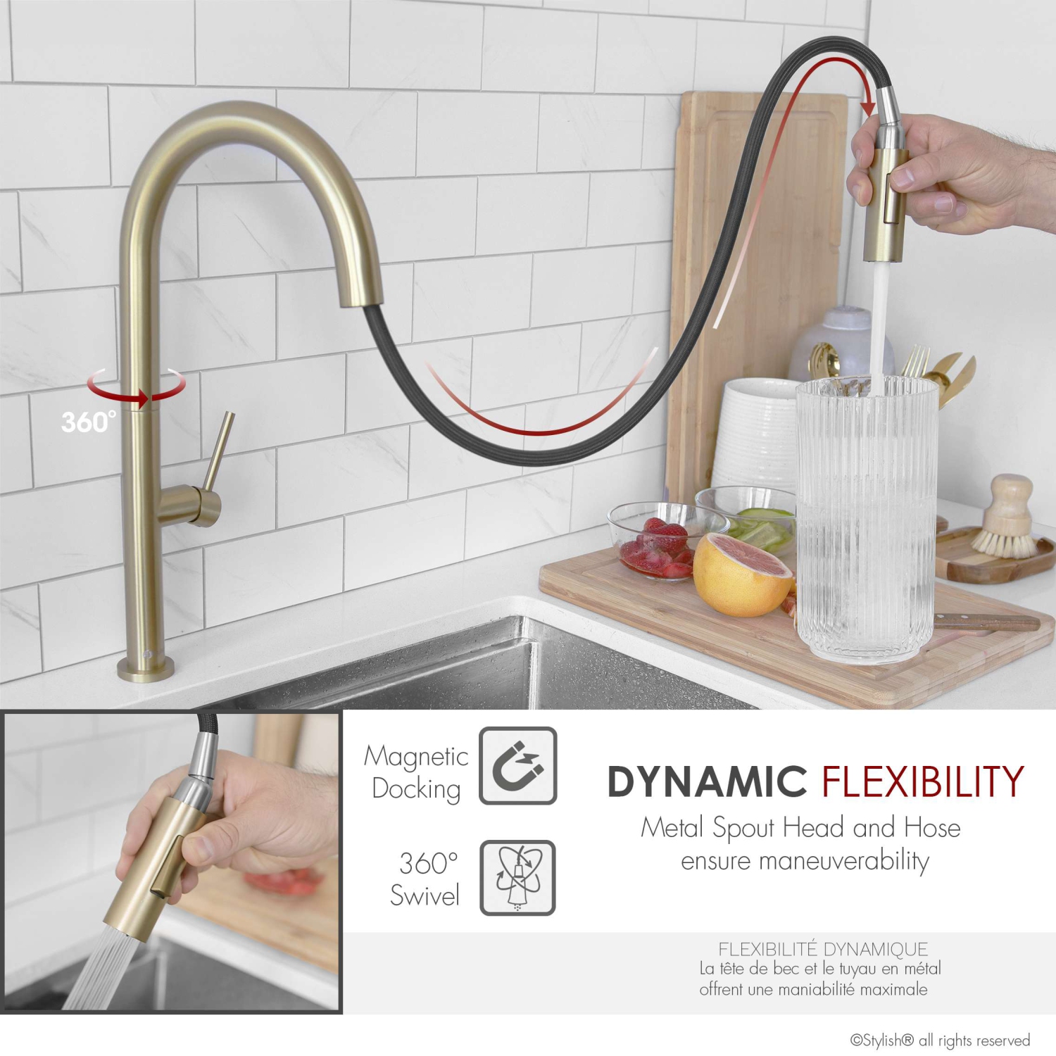 Stylish Catania Single-Handle Brushed Gold Pull Down Kitchen Faucet K-141G