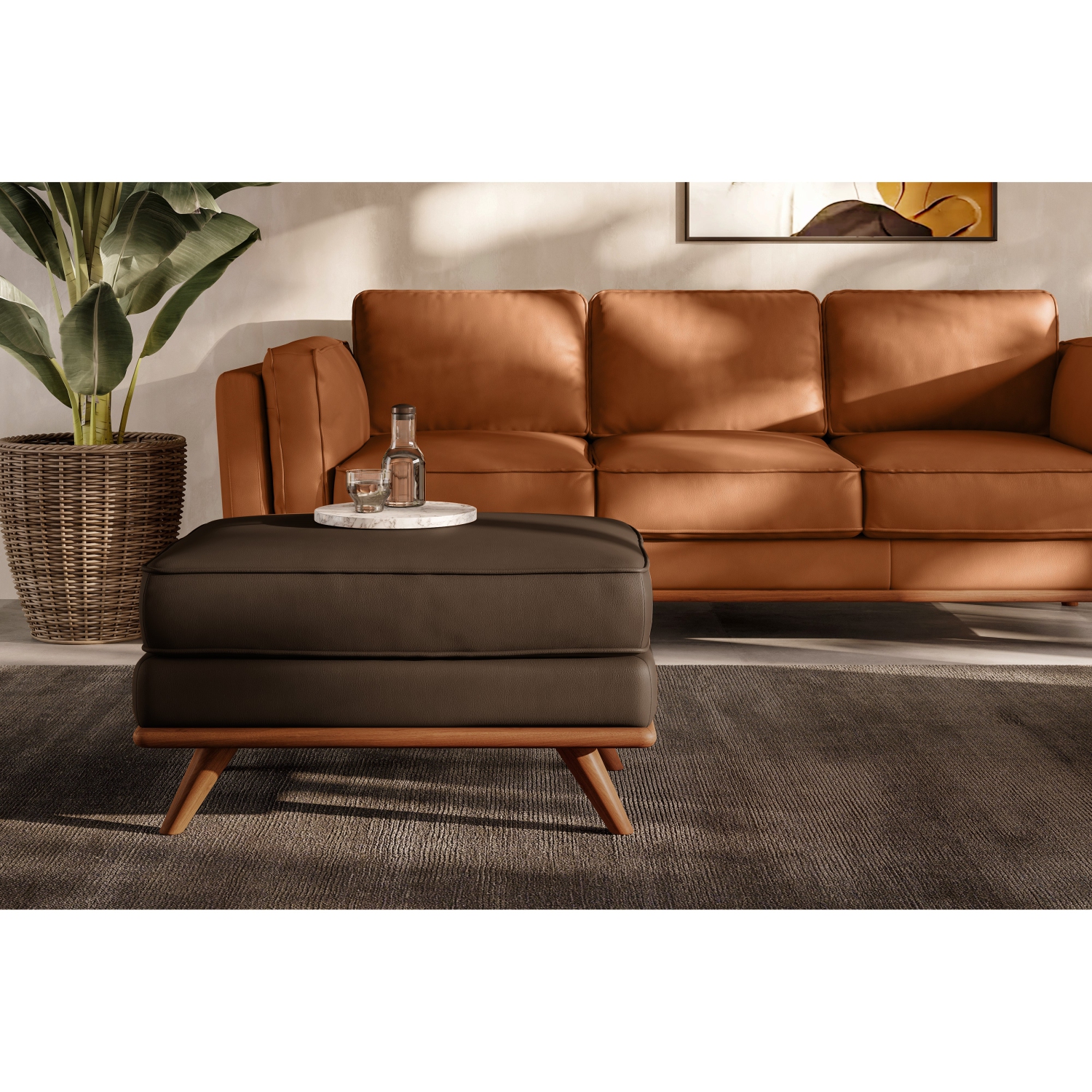 Valencia Artisan Leather Ottoman,Chocolate