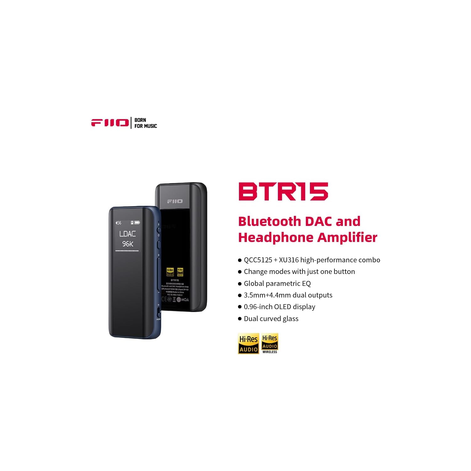 FiiO BTR15 Headphone Amps Bluetooth 5.1 Receiver High Resolution 384K/32Bit Native DSD256 USB DAC Supports LDAC/aptX HD/MQA for