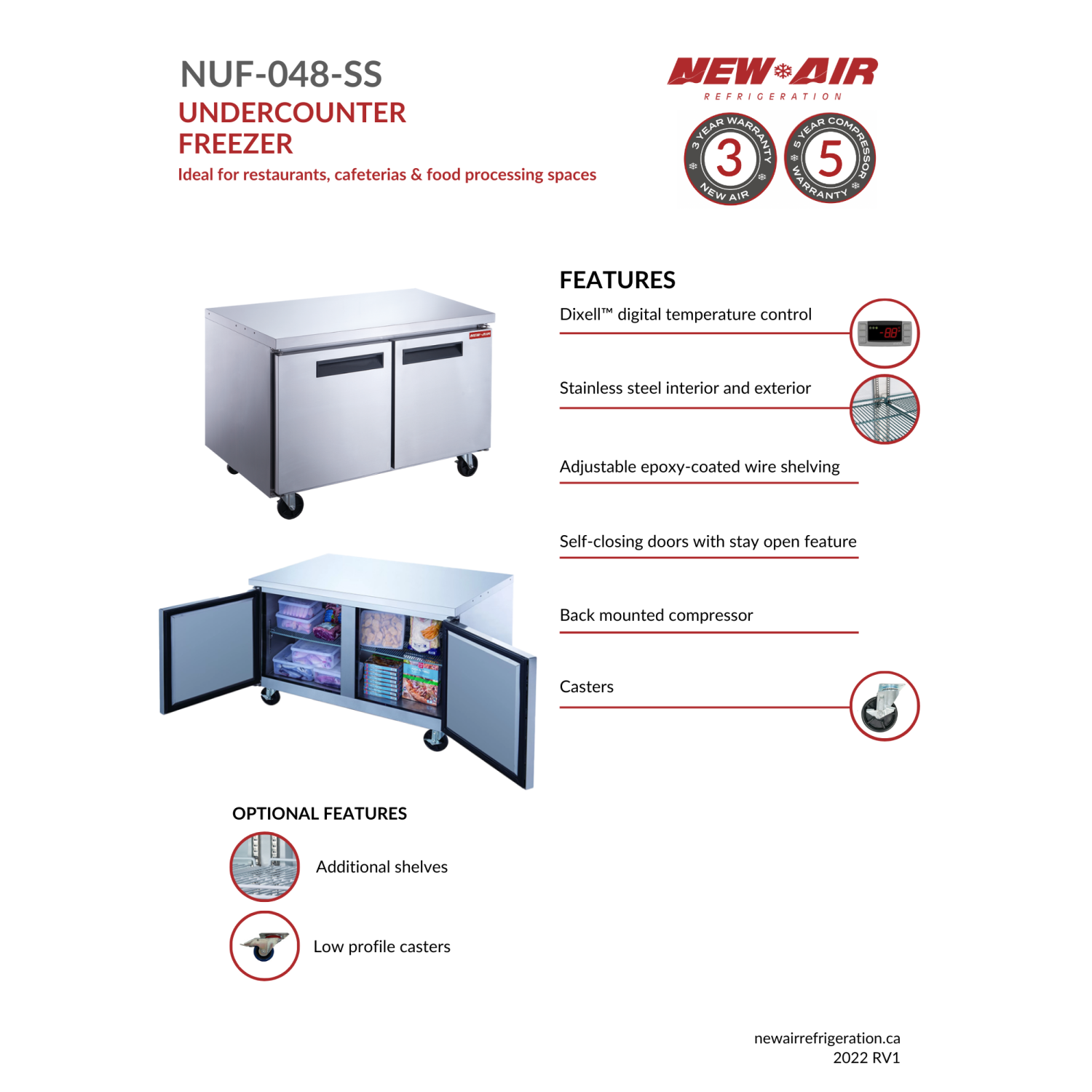 NOUVEAU congélateur sous comptoir commercial 12,2&nbsp;pi³ à deux portes en acier inoxydable de 48 po NUF-048-SS - idéal pour les cuisines