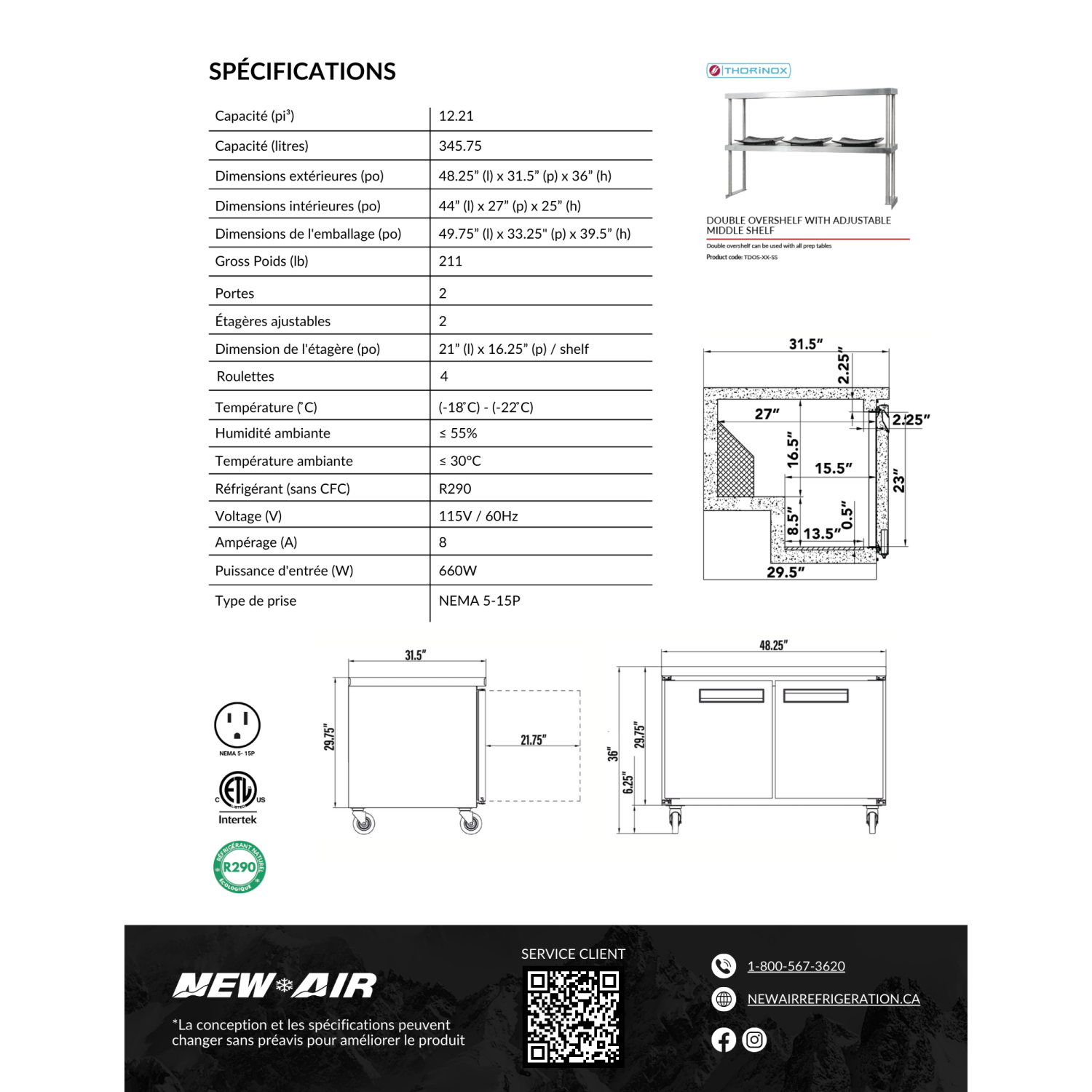 NOUVEAU congélateur sous comptoir commercial 12,2&nbsp;pi³ à deux portes en acier inoxydable de 48 po NUF-048-SS - idéal pour les cuisines