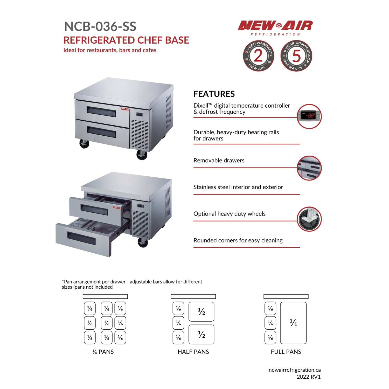 Base de chef réfrigérée à deux tiroirs commerciale NCB-036-SS de 36 po d'AIR - 238&nbsp;L/8,4 pi3 avec - Idéal pour les cuisines commerciales,