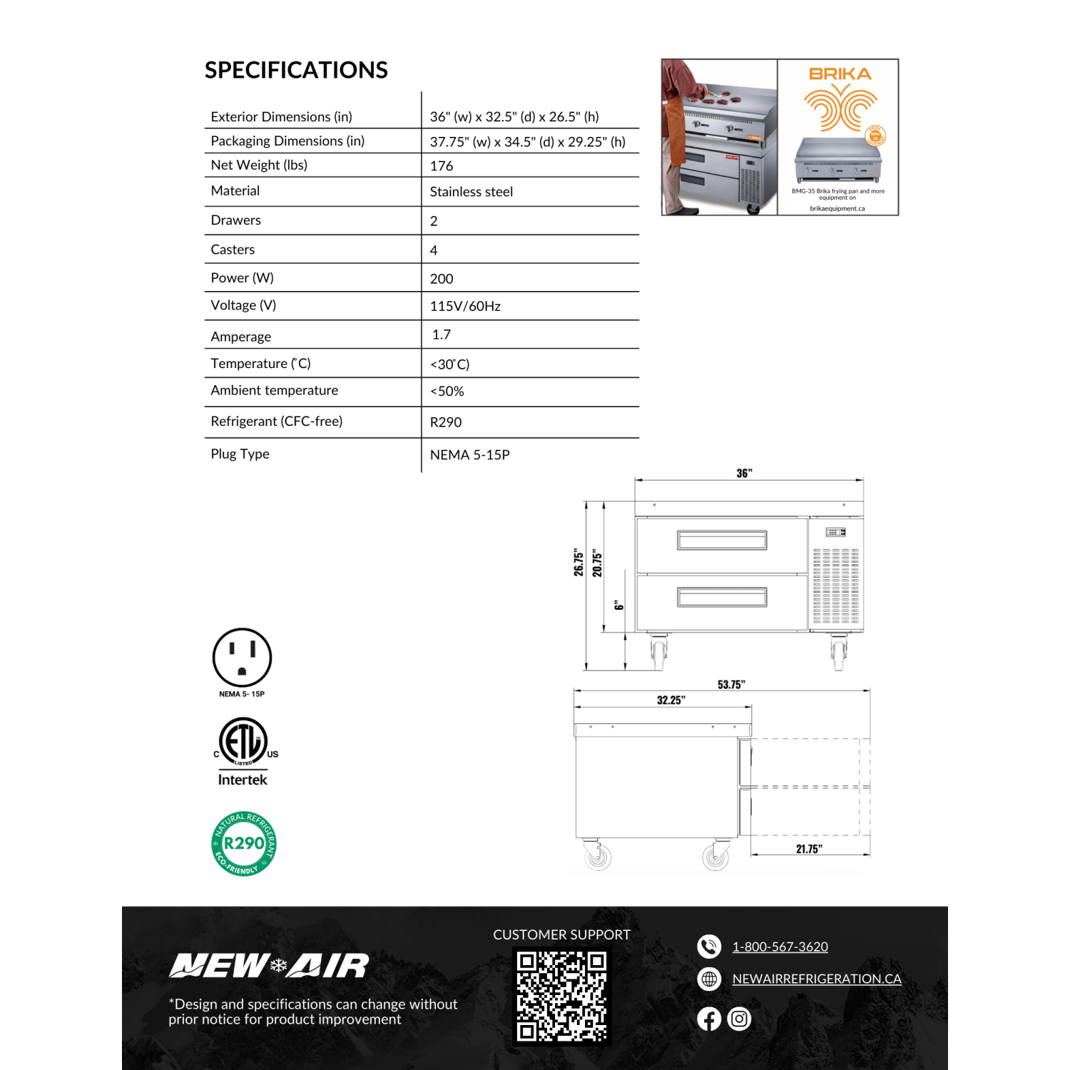 Base de chef réfrigérée à deux tiroirs commerciale NCB-036-SS de 36 po d'AIR - 238&nbsp;L/8,4 pi3 avec - Idéal pour les cuisines commerciales,