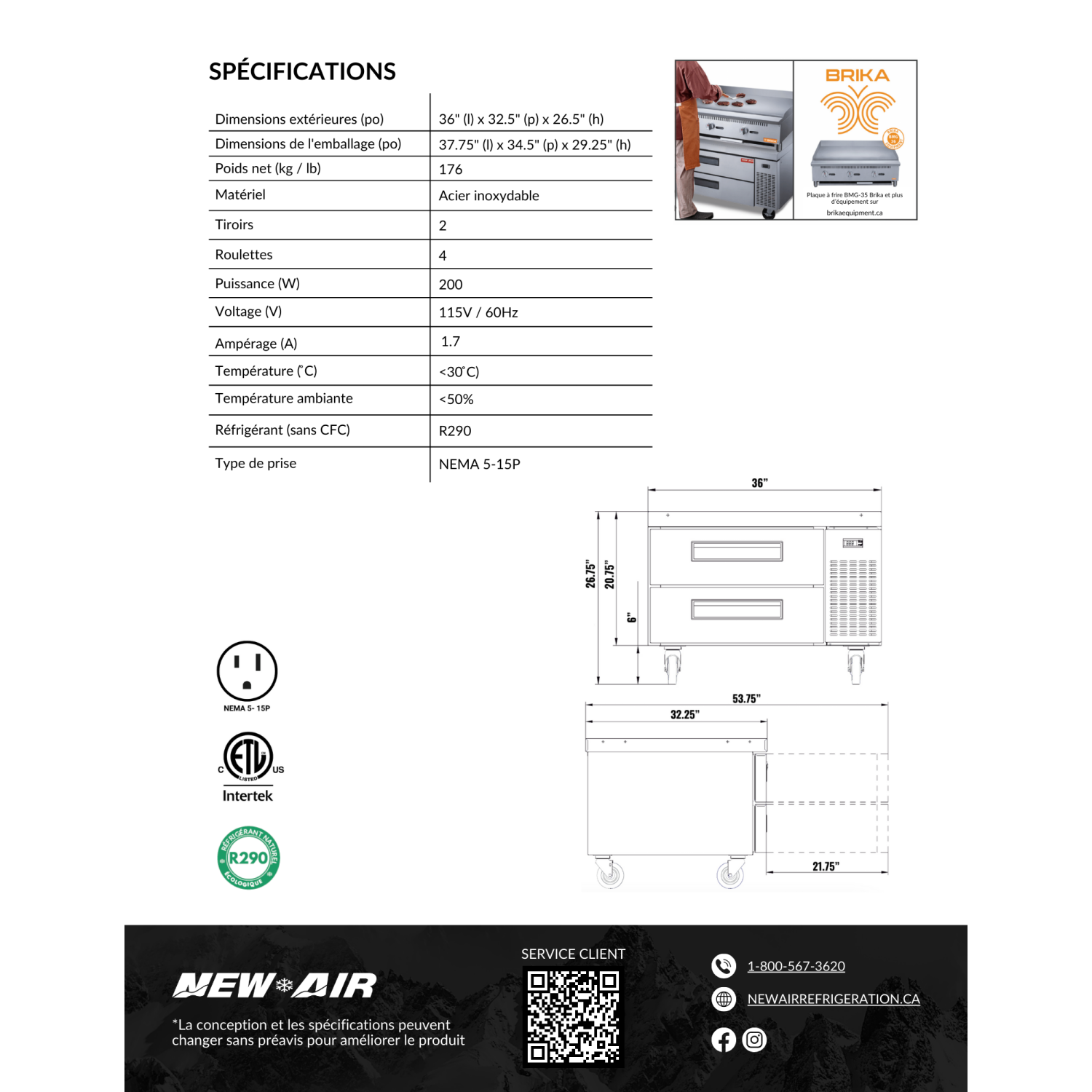 Base de chef réfrigérée à deux tiroirs commerciale NCB-036-SS de 36 po d'AIR - 238&nbsp;L/8,4 pi3 avec - Idéal pour les cuisines commerciales,