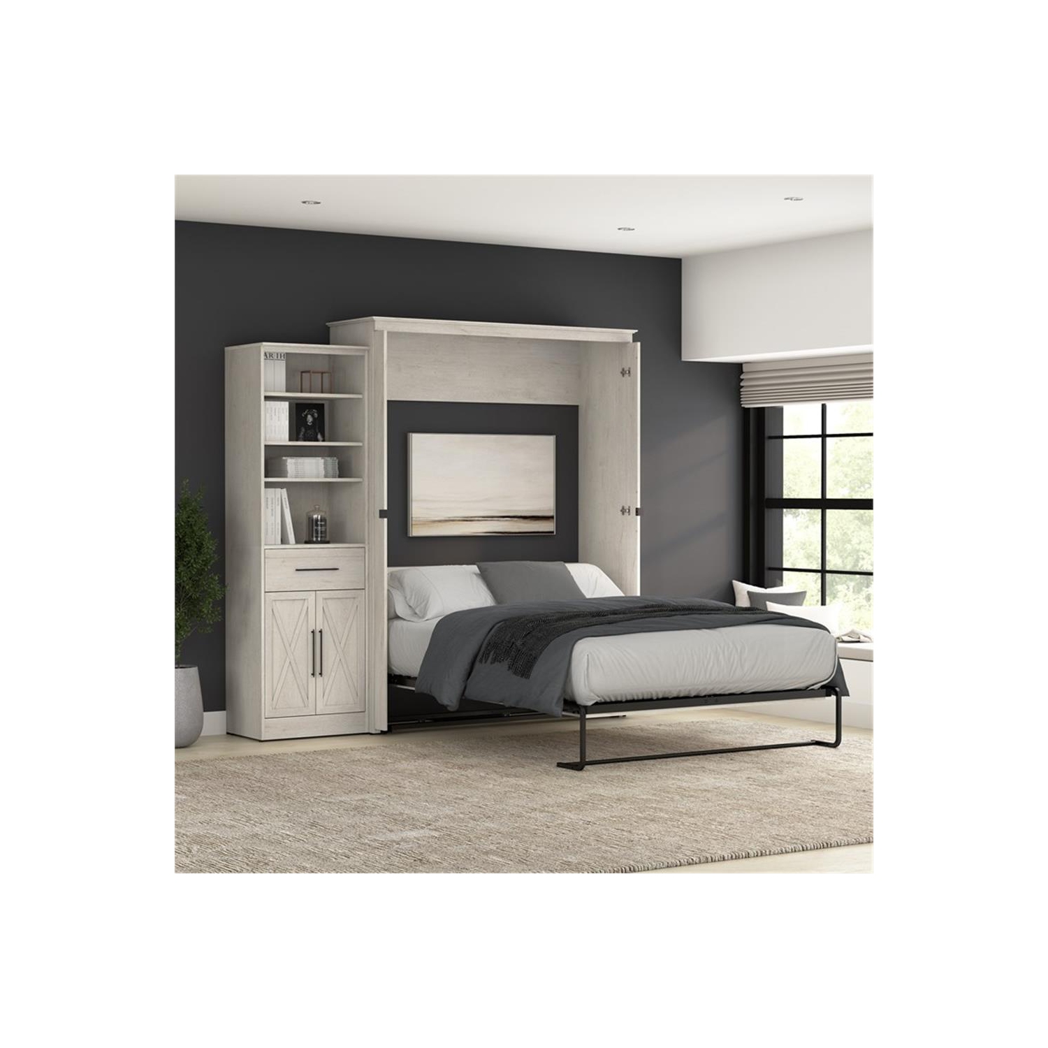 Bestar Key West Queen Murphy Bed with Wardrobe - Engineered Wood in White
