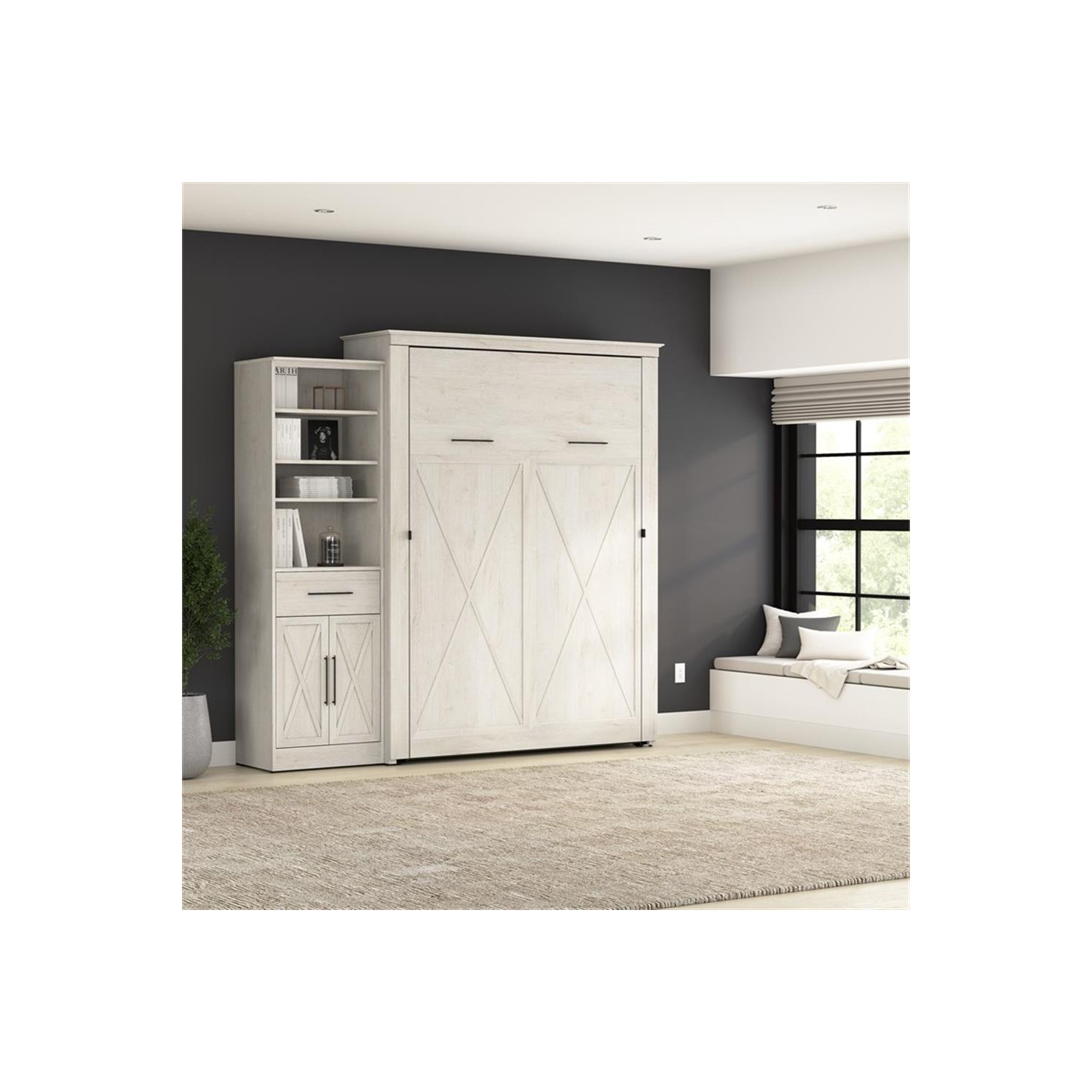 Bestar Key West Queen Murphy Bed with Wardrobe - Engineered Wood in White