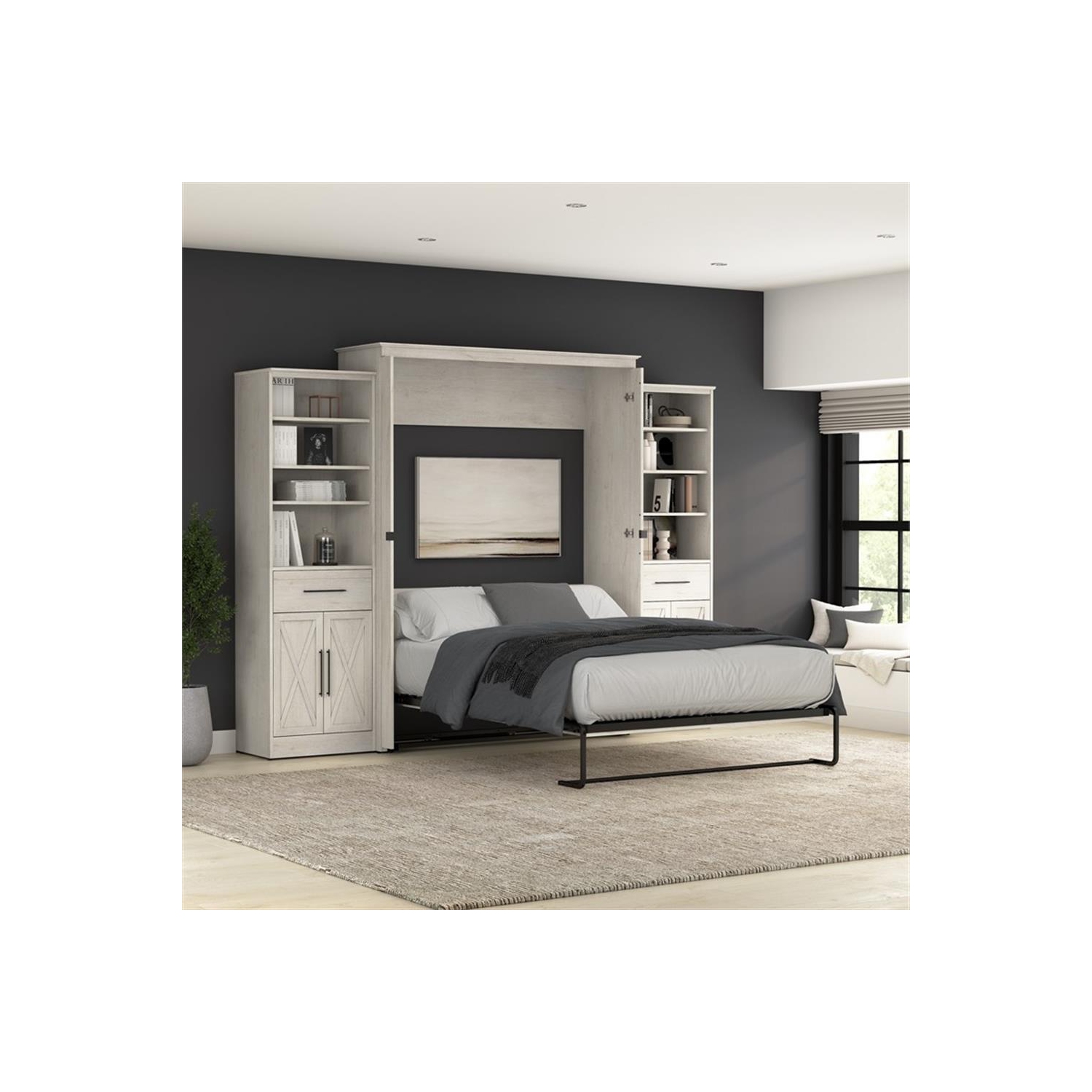 Bestar Key West Queen Murphy Bed and Wardrobes - Engineered Wood in White