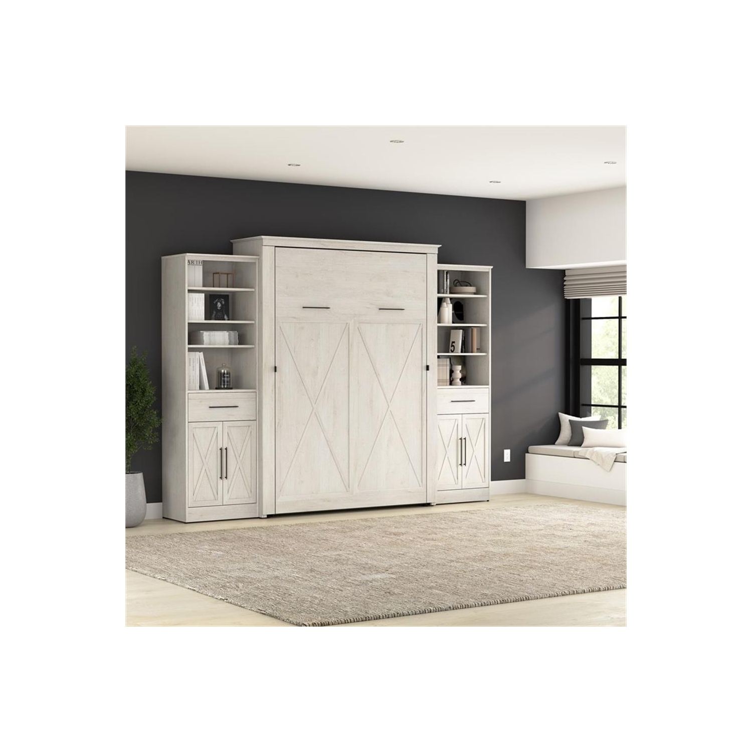 Bestar Key West Queen Murphy Bed and Wardrobes - Engineered Wood in White