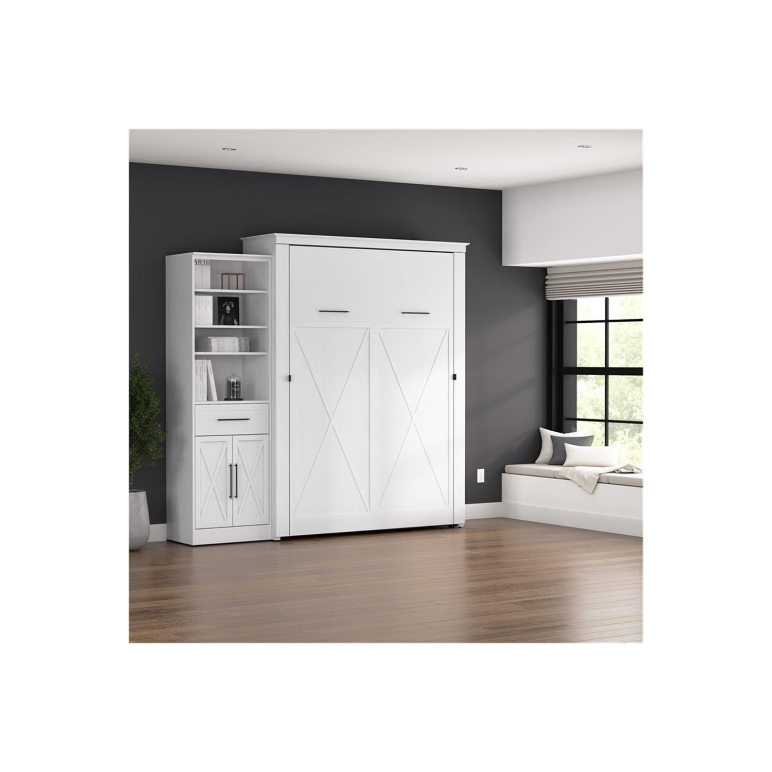 Bestar Key West Queen Murphy Bed with Wardrobe - Engineered Wood in White