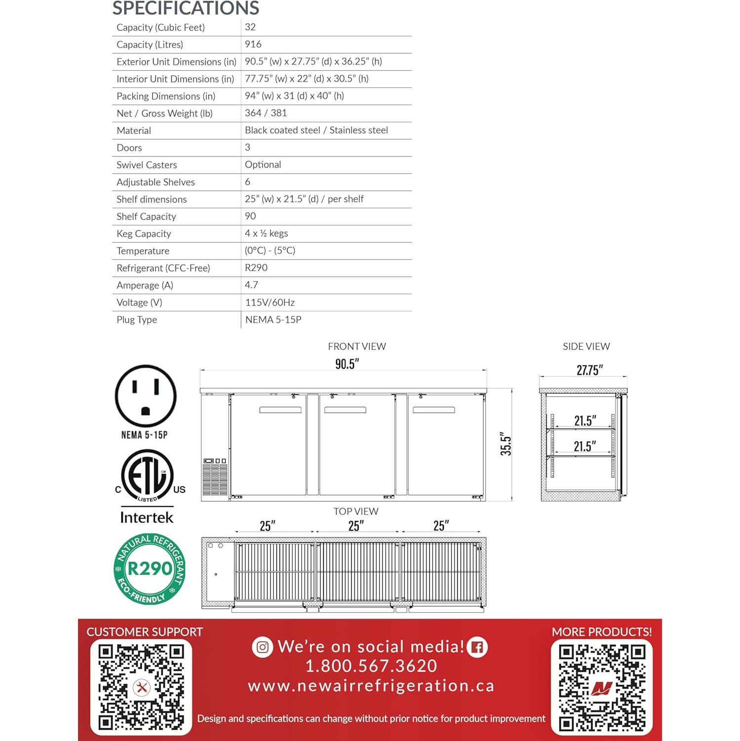 Nouveau réfrigérateur de bar à porte triple solide 90 po NBB-90-SB d'Air – 916&nbsp;L/32 pi3 avec - Idéal pour les bars, restaurants, hôtels et cafés