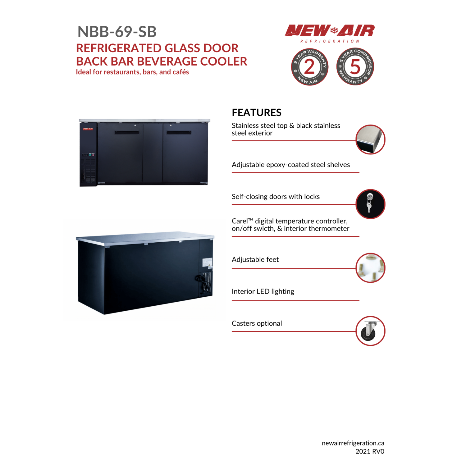 New Air NBB-69-SB Double Solid Door 69″ Back Bar Refrigerator Cooler - 665 L / 23.5 Cu. Ft. - Ideal for Bars, Restaurants, Hotels & Cafés