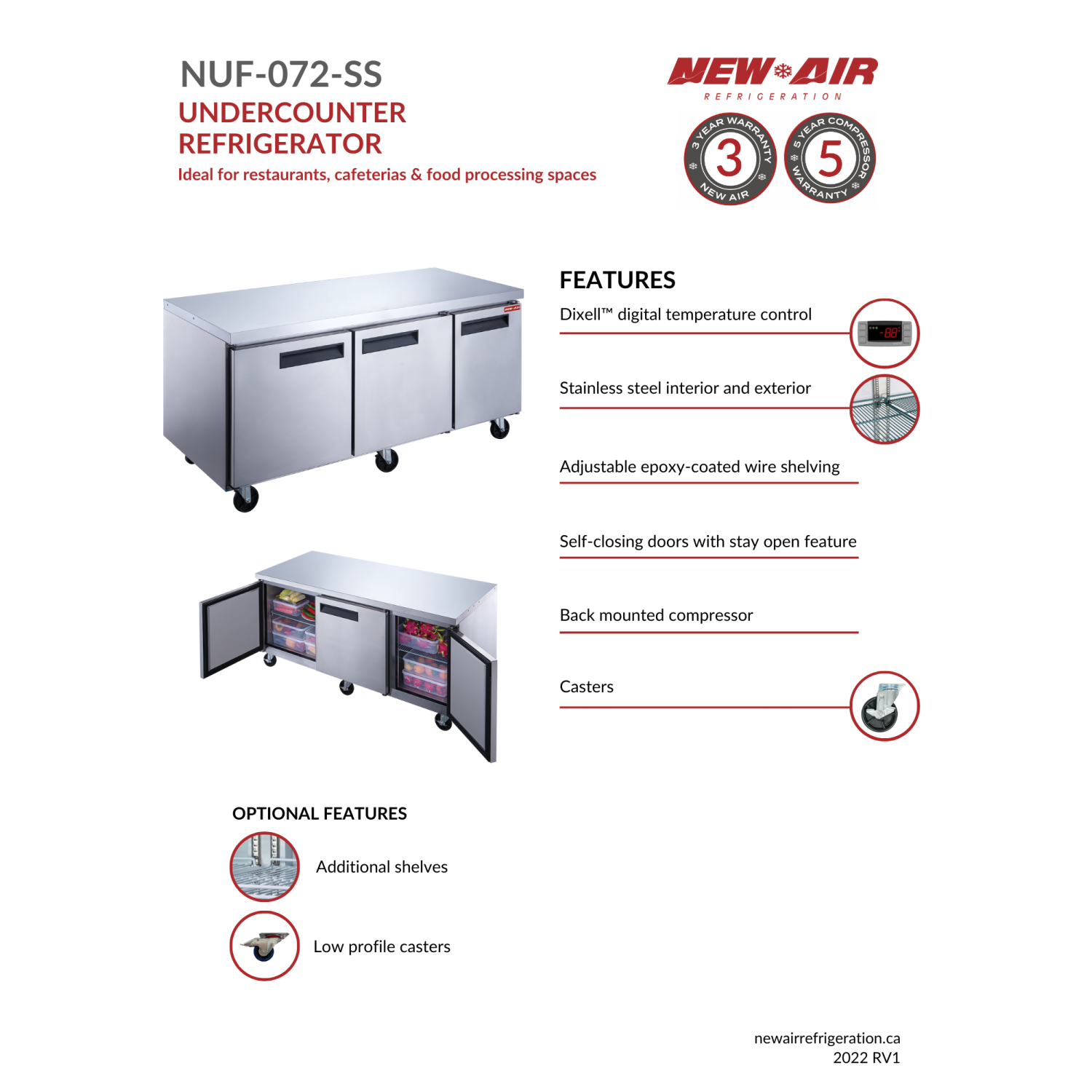 NEW AIR NUF-072-SS Commercial 72″ Stainless Steel 19 cu ft Triple Door Undercounter Freezer - Ideal For Commercial Kitchens, Restaurants and